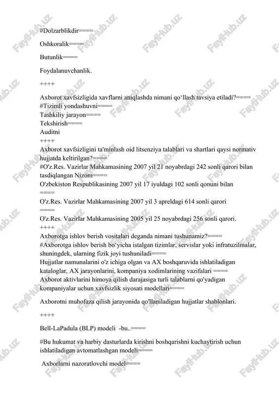 iyalash, qalbaki shifr ma`lumotlar tayyorlash harakatlaridan iborat jarayonga aytiladi==== maxfiy ma`lumotni aloqa tarmog’ida uzatilayotganda eshitish, tahrir qilish, yozib olish jarayoni tushuniladi==== ma`lumotga o’zgartirish kiritmay uni kuzatish jarayoni tushuniladi==== sust hujumdan farq qilmaydigan jarayon hisoblanadi ++++ foydalanishna boshqarishda ma’lumot , resurs, jarayon nima vazifani bajaradi ?==== #ob’ekt==== sub’ekt==== tizim==== ruxsat ++++ foydalanishna boshqarishning nechta usuli mavjud?==== #4==== 5==== 6==== 7++++ foydalanishni boshqarishda sub’ekt bu - ....==== #inson, dastur, jarayon==== ma’lumot, resurs, jarayon==== axborot, jarayon==== robot, ma'lumot ++++ identifikatsiya bu- …==== #foydalanuvchini uning identifikatori (nomi) bo’yicha aniqlash jarayoni==== ishonchliligini tarqalishi mumkin emasligi kafolati==== axborot boshlang’ich ko’rinishda ekanligi uni saqlash, uzatishda ruxsat etilmagan o’zgarishlar==== axborotni butunligini saqlab qolgan holda uni elementlarini o’zgartirishga yo’l qo’ymaslik ++++ iso/iec 27002:2005 – qanday standart hisoblanadi?==== #axborot texnologiyasi. xavfsizlikni ta’minlash metodlari. axborot xavfsizligini boshqarishning amaliy qoidalari==== xavfsizlikni ta’minlash usullari. axborot xavfsizligi risklarini boshqarish qoidalari==== axborot texnologiyasi. xavfsizlikni ta’minlash usullari. axborot xavfsizligi risklarini boshqarish==== axborot texnologiyasi. axborot texnologiyalari va …