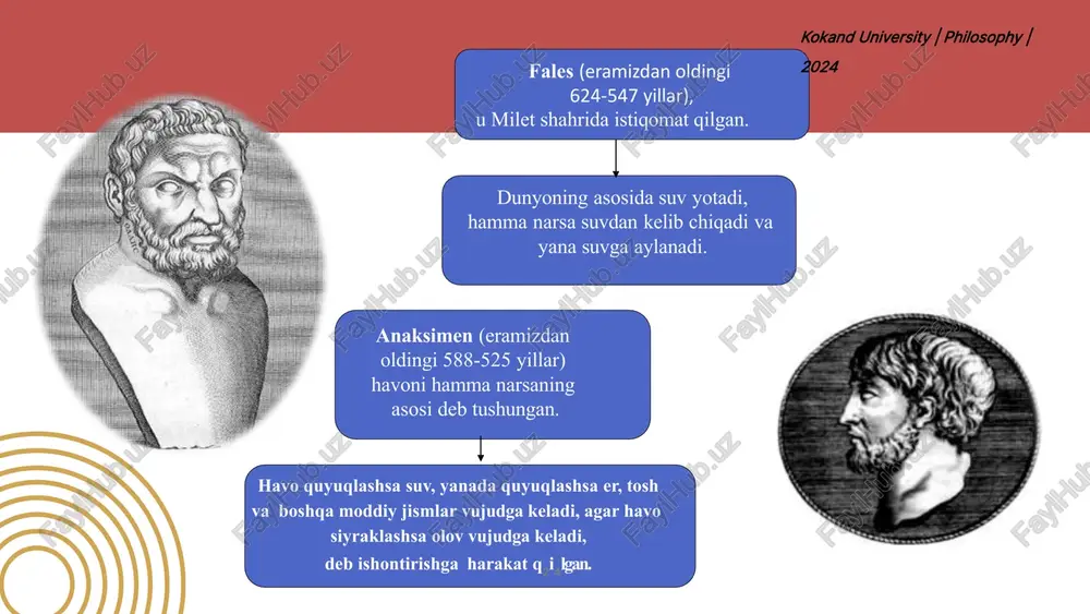 rga nisbatan munosabati ham inqilobiydir. «xudolar haqida men hech narsa bilmayman, chunki juda ham koʻp narsa ularni bilishga toʻsqinlik qiladi»,-masala nihoyatda murakkab, inson umri esa nihoyatda qisqa. bizni oʻrab turgan olam nisbiy; ob'ektiv (haqiqiy) bilimga ega boʻlish mumkin emas; kokand university | philosophy | 2024 * pifogor asosiy qarashlari barcha narsalarning boshlangʻich asosi sonlar deb hisoblaganlar (voqelikdagi barcha narsalarni va voqealarni sonlarga bogʻlash va sonlar yordamida oʻlchash mumkin); olamni sonlar orqali bilishni himoya qilganlar (sonlar orqali bilishni hissiy idrok orqali bilish deb bilganlar); birlikni barcha narsalarning mayda zarrasi deb hisoblaganlar; olamning dialektik birligini koʻrsatuvchi «protokategoriyalarni» ajratishga harakat qilganlar (toq-juft, yorugʻ-qorongʻu, toʻgʻri-qiyshiq, oʻng- soʻl va h.k.). kokand university | philosophy | 2024 * bu maktabning mashhur faylasuflari asosiy qarashlari parmenid; eleylik zenon; samoslik meliss bilish muammolarini oʻrganganlar; hissiy bilish va oliy ruhiy bilishni ajratadilar (fikr); monizm tarafdori boʻlganlar-turli hodisalarning yagona boshlangʻich asosdan paydo boʻlganligini tan oladilar; barcha narsalar gʻoyalarning moddiy ifodasi …