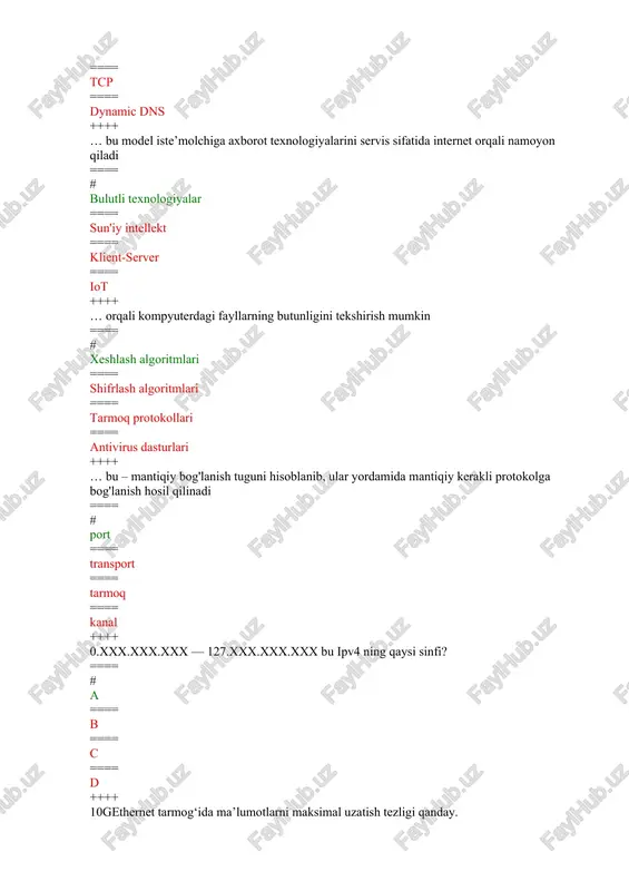 dio to'lqinlari shaklida ochiq kosmosga uzatish ==== kuchaytirish va keyingi aloqa nuqtasiga etkazish ++++ a-pon texnologiyasining asosiy protokoli qaysi? ==== # atm ==== ethernet ==== sdh ==== ikm ++++ arpanet tarmog'i qachon tashkil qilingan? ==== # 1969 ==== 1970 ==== 1971 ==== 1973 ++++ asinxron ma'lumotlarni uzatish- ==== # raqamli ma'lumotni uzatuvchidan qabul qiluvchiga ketma-ket interfeys orqali uzatish usuli, bunda ma'lumotlar istalgan vaqtda uzatiladi. ==== raqamli ma'lumotlarni ketma-ket interfeys orqali uzatish usuli, bunda qabul qiluvchi va uzatuvchi ma'lumotlarni uzatish vaqtini biladi, ya'ni uzatuvchi va qabul qilgich bir maromda ishlaydi. ==== raqamli ma'lumotlarni ketma-ket interfeys orqali uzatish usuli, bunda qabul qiluvchi va uzatuvchi ma'lumotlarni uzatish vaqtini bilmaydi, ya'ni uzatuvchi va qabul qilgich bir maromda ishlaydi. ==== raqamli ma'lumotni uzatuvchidan qabul qiluvchiga ketma-ket interfeys orqali uzatish usuli, bunda ma'lumotlar istalgan chastotada uzatiladi. ++++ asosiy tarmoq operatsion tizimlari keltirilgan qatorni ko’rsating. ==== # novell netware 4.1, microsoft windows nt server 4.0, unix. ==== …