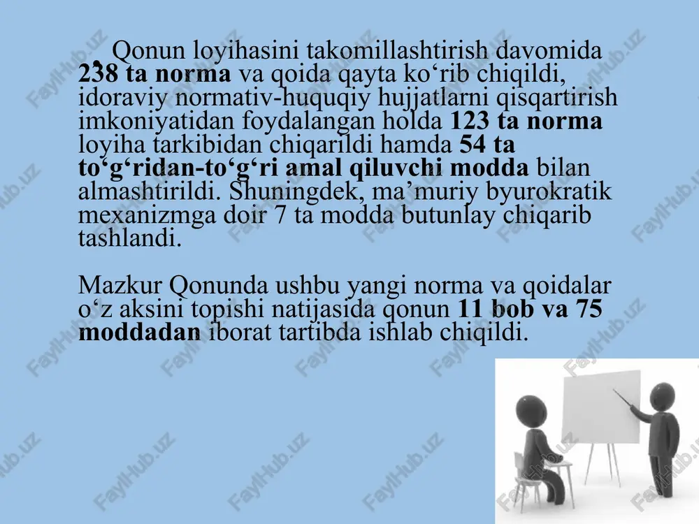 zmatlari korsatish faoliyatini amalga oshirish huquqini beradigan litsenziya asosida faoliyat yurituvchi yuridik shaxs 4 ta’lim kampusi – yagona hududda birlashtirilgan o’quv binolarini, iti(markazlarni), i/ch majmualarini, texnoparklarni, t/t qatnashchilarini vaqtincha yashash joylarini, lab.,arm, sport inshootlarini, um.ovqatlanish ob’ektlar binolar va inshootlar majmuidan ib. yuqori samaradorlikni ta’minlaydigan t/t muhiti davlat akkreditatsiyasi, davlat ta’lim muassasasi, davlat ta’lim standartlari, davlat ta’lim talablari, 2-bob. 11-modda: oliy ta’lim o’qish davomiyligi kamida uch yil bo’lgan tayanch oliy ta’lim o’qish davomiyligi kamida bir yil bo’lgan tayanch oliy ta’lim magistratura bakalavriat 15-modda. ta’lim olish shakllari 1-2 ishlab chiqarishdan ajralgan holda ta’lim olish (kunduzgi); ishlab chiqarishdan ajralmagan holda ta’lim olish (sirtqi, kechki, masofaviy); dual ta’lim; oilada ta’lim olish va mustaqil ta’lim olish; 5-6 katta yoshdagilarni o‘qitish va ularga ta’lim berish; inklyuziv ta’lim; 3-4 7-8 eksternat tartibidagi ta’lim; mudofaa, xavfsizlik va huquqni muhofaza qilish faoliyati sohasida kadrlar tayyorlash. dual ta’lim nima? 2-bob. 17-modda:dual ta’lim dual ta’lim ta’lim oluvchilar tomonidan zarur bilim, malaka …