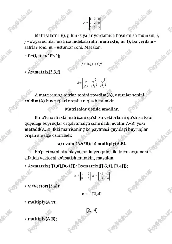 rni toping: (ab)c , deta, detb, detc, det[(ab)c]. tering: > with(linalg):restart; > a:=matrix([[4,3],[7,5]]): > b:=matrix([[-28,93],[38,-126]]): > c:=matrix([[7,3],[2,1]]): > f:=evalm(a&*b&*c); > det(a)=det(a); det(b)=det(b); det(c)=det(c); det(f)=det(f); det(a)=- 1 det(b)= - 6 det(c)=1 det(f)=6 2. matrisa berilgan: , toping: deta, , a’, det(m22). tering: > a:=matrix([[2,5,7],[6,3,4],[5,-2,-3]]); > det(a)=det(a); det(a)= - 1 > transpose(a); > inverse(a); > det(minor(a,2,2)); - 41 3. matrisa rangini toping: . > a:=matrix([[8,-4,5,5,9], [1,-3,-5,0,-7], [7,-5,1,4,1], [3,-1,3,2,5]]): > r(a)=rank(a); r(a)=3 4. hisoblang , bu yerda . > exponential([[3,-1],[1,1]]); 5. matrisa berilgan: . ko’phad qiymatini toping: . > a:=matrix([[5,1,4],[3,3,2],[6,2,10]]): > p(a)=evalm(a^3-18*a^2+64*a); maple da oddiy tenglamalarni yechish. maple muhitida tenglamalarni yechish uchun universal buyruq solve(t,x) mavjud, bu yerda t – tenglama, x – tenglamadagi noma’lum o’zgaruvchi. bu buyruqning bajarilishi natijasida chiqarish satrida ifoda paydo bo’ladi, bu ana shu tenglamaning yechimi hisoblanadi. masalan: > solve(a*x+b=c,x); agar tenglama bir nechta yechimga ega bo’lsa va undan keyingi hisoblashlarda foydalanish kerak bo’lsa, u holda solve buyrug’iga biror-bir …