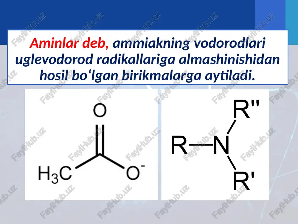 lishi mumkin. umuman, aminokislotalar amfoter birikmalar bo‘lib, asoslar bilan ham, kislotalar bilan ham reaksiyaga kirishib tuzlar hosil qiladi. ular aminoguruh hisobiga va karboksil guruh hisobiga alohida reaksiyalarga kirishadi. m-n, nitrit kislota ta’sirida -aminokislotalar diazobirikmalarga aylanadi. odatda bu reaksiyada aminokislota efiridan foydalaniladi: izomeriyasi. funksional guruhlarning bir-biriga nisbatan joylashgan o’rniga va tarmoqlangan-tarmoqlanmaganligiga bog’liq: olinishi. kislotalarning galoidli hosilalariga ammiak ta’sir ettirib olinadi: monoxlorsirka kislota -aminosirka kislota fizikaviy xossalari. aminokislotalar kristall moddalar bo’lib, suvda yaxshi eriydi. suvda amino guruh va karboksil guruh hisobiga bipolyar ionlar hosil qiladi: kimyoviy xosslari. aminokislotalar bir vaqtning o’zida ham asos, ham kislota xossasini namoyon qiladi. kislotalar ta’sirida ham, ishqorlar ta’sirida ham tuz hosil qiladi. boshqa organik kislotalar singari efir, tuz, amid, nitril va boshqa birikmalarni hosil qiladi. aminokislotalar mis (ii)-gidroksid bilan ichki kompleks tuz hosil qiladi: xulosa xulosa qilib shuni aytishim mumkunki aminlar-ammiak tarkibidagi vodorod atomlarini uglevodorod qoldiqlariga almashtirish natijasida hosil bo‘ladigan moddalardir. tuzilishiga ko‘ra ular birlamchi rnh2, ikkilamchi …