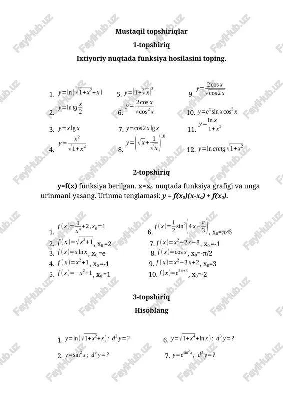 infinity)=int((1-exp(-a*x^2))/(x*exp(x^2)), x=0..+infinity); 4. integralni sonli qiymatini toping: > int(cos(x)/x, x=pi/6..pi/4)=evalf(int(cos(x)/x, x=pi/6..pi/4), 15); 5. bo’laklab integrallashning barcha bosqichlarini bajaring: . > restart; with(student): j=int(x^3*sin(x),x); > j=intparts(int(x^3*sin(x),x),x^3); > intparts(%,x^2); > intparts(%,x); > value(%); 6. universal o’rniga qo’yish tg(x/2)=t bilan integralni hisoblang: . > j=int(1/(1+cos(x)), x=-pi/2..pi/2); > j=changevar(tan(x/2)=t,int(1/(1+cos(x)), x=-pi/2..pi/2), t); > value(%); j=2 7. takroriy integralni hisoblang. > int(int(y^3/(x^2+y^2),x=0..y),y=2..4)= int(int(y^3/(x^2+y^2), x=0..y),y=2..4); 2. chiziqlar bilan chegaralangan ikki karrali integralni hisoblang. izoh: avval integrallash sohasi d ni tengsizlik ko’rinishida yozamiz: > restart: with(student): > j:=doubleint(sin(x+2*y), x=y..pi/2-y, y=0..pi/2); > j:=value(%); 3. uch karrali integralni hisoblang. > j:=tripleint(4+z, y=x^2..1,x=-1..1, z=0..2); > j:=value(%); mustaqil topshiriqlar 1-topshiriq aniqmas integralni hisoblang 1. 6. 2. 7. 3. 8. 4. 9. 5. 10. 2-topshiriq aniq integralni hisoblang. 1. 5. 9.dx 2. 6. 10. 3. 7. 4. 8. funksiyalarni tekshirish funksiyalarni tekshirishni odatda uning aniqlanilish sohasini topishdan boshlanadi, lekin , afsuski bu qiyin avtomatlashtiriladigan amal hisoblanadi. shuning uchun bu masalani ko’rib chiqishda tengsizlikni …