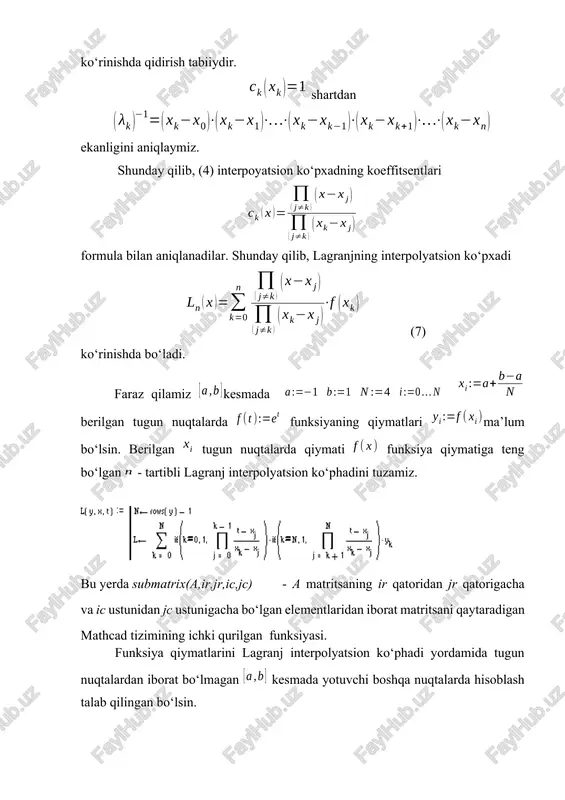 ik splayn yordamida hisoblaymiz: 1 - rasm. kubik splaynning grafigi. y - interpolyatsiyalanuvchi funksiya; s(t) - kubik splayn. xatolik funksiyasini formula yordamida hisoblaymiz. 2 rasm. xatolik funksiyasi. 2 misol. agarda tugun nuqtalar va ushbu nuqtalarda interpolyatsiyalanuvchi funksiya qiymatlari jadval ko‘rinishida berilgan bo‘lsa, u holda berilgan tugun nuqtalarda qiymati funksiya qiymatiga teng bo‘lgan kubik splaynni qurish uchun avval kubik splaynning ikkinchi tartibli hosilalarining tugun nuqtalardagi qiymatlarini hisoblaymiz: . endi ushbu qiymatlardan foydalanib nuqtalarda vy funksiyasi kiymatini kubik splayn yordamida hisoblaymiz: 3 rasm. kubik splaynning grafigi. vy - interpolyatsiyalanuvchi funksiya; f(t) - kubik splayn. nazorat savollari 1. algebraik ko`phadlar bilan yaqinlashtirish. 2. lagranj ingerpolyatsion formulasi. 3. splayn funksiyalar. 4. eng kichik kvadratlar usuli. oleobject3.bin oleobject51.bin oleobject52.bin image46.wmf oleobject53.bin image47.wmf oleobject54.bin image48.wmf oleobject55.bin image49.wmf oleobject56.bin image4.wmf image50.wmf oleobject57.bin image51.wmf oleobject58.bin image52.wmf oleobject59.bin image53.wmf oleobject60.bin image54.wmf oleobject61.bin oleobject4.bin image55.wmf oleobject62.bin image56.wmf oleobject63.bin image57.wmf oleobject64.bin image58.wmf oleobject65.bin image59.wmf oleobject66.bin image5.wmf image60.wmf oleobject67.bin image61.wmf oleobject68.bin image62.wmf …