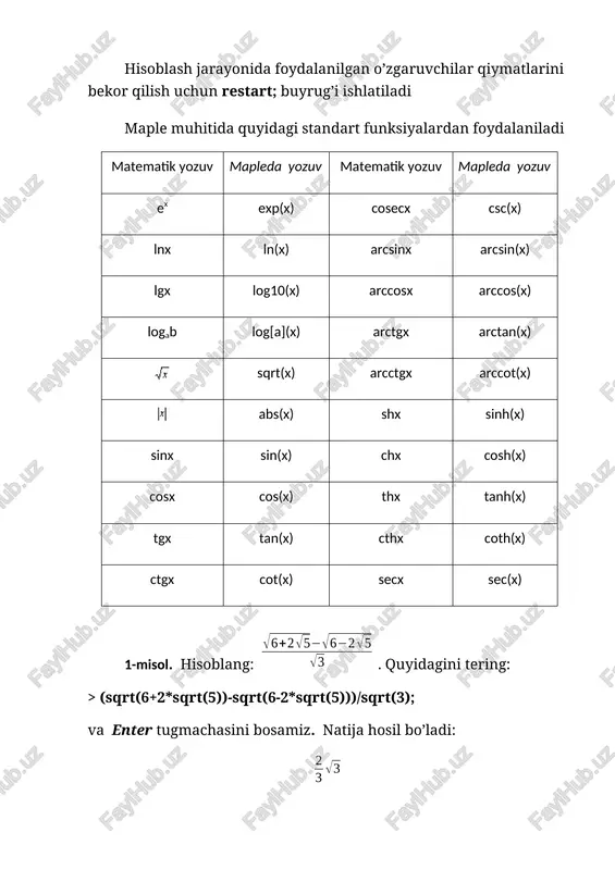 coeff(p,x,n) - n-darajali had oldidagi koeffisiyentni aniqlaydi; · coeff(p,x^n) - ko’phadda x^n oldidagi koeffisiyentni aniqlaydi; · coeffs(p, x, 't') – x o’zgaruvchiga tegishli barcha o’zgaruvchilar oldidagi koeffisiyentni aniqlaydi. misollar. > p:=2*x^2 + 3*y^3 - 5: coeff(p,x,2); > coeff(p,x^2); > coeff(p,x,0); > q:=3*a*(x+1)^2+sin(a)*x^2*y-y^2*x+x-a:coeff(q,x); > s := 3*v^2*y^2+2*v*y^3; > coeffs( s ); > coeffs( s, v, 't' ); > t; lcoeff- funksiyasi ko’phadning katta , tcoeff - funksiyasi kichik koeffisiyentini aniqlaydi. bu funksiyalar quyidagicha beriladi: lcoeff(p), tcoeff(p), lcoeff(p, x), tcoeff(p, x), lcoeff(p, x, 't'), tcoeff(p, x, 't'). misollar > s := 3*v^2*w^3*x^4+1; > lcoeff(s); > tcoeff(s); > lcoeff(s, [v,w], 't'); > t; degree(a,x);– funksiyasi ko’phadning eng yuqori darajasini, ldegree(a,x); – funksiyasi eng kichik darajasini aniqlaydi. misollar > degree(2/x^2+5+7*x^3,x); > ldegree(2/x^2+5+7*x^3,x); > degree(x*sin(x),x); > degree(x*sin(x),sin(x)); > degree((x+1)/(x+2),x); > degree(x*y^3+x^2,[x,y]); > degree(x*y^3+x^2,{x,y}); > ldegree(x*y^3+x^2,[x,y]); ko’phadlarni ko’paytuvchilarga ajratish factor(ifoda) orqali amalga oshiriladi. masalan: > p:=x^5-x^4-7*x^3+x^2+6*x; > factor(p); ko’phadlarning haqiqiy va kompleks ildizlarini topish uchun solve(p,x); …