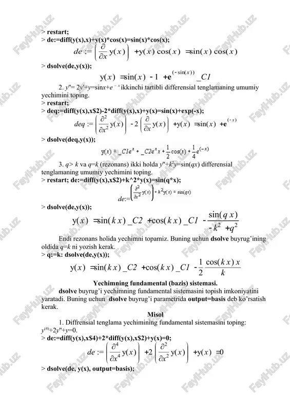 sistemasi bilan berilgan ikki o’lchovli sohani hosil qilish uchun inequal buyrug’i ishlatiladi. inequals({f1(x,y)>c1,…,fn(x,y)>cn}, x=x1…x2, y=y1..y2, options) buyrug’ida figurali qavs ichida sohani aniqlovchi tengsizliklar sistemasi, so’ngra esa koordinata o’qlariningg o’lchovlari va parametrlari ko’rsatiladi. parametrlar ochiq va yopiq chegaralar rangini, sohaning ichki va tashqi rangini hamda chiziq chegarasining qalinligini aniqlaydi: · optionsfeasible=(color=red) – ichki soha rangini o’rnatadi; · optionsexcluded=(color=yellow) – tashqi soha rangini o’rnatadi; · optionsopen(color=blue, thickness=2) – ochiq chegara chizig’ining qalinligi va rangini o’rnatadi; · optionsclosed(color=green,thickness=3) – yopiq chegara chizig’ining qalinligi va rangini o’rnatadi; 2. uch o’lchovli grafika. animasiya. aniq ko’rinishdagi funksiya bilan berilgan sirt grafigi. z = f(x,y) funksiya grafigi chizish uchun plot3d(f(x,y), x=x1…x2, y=y1…y2, options) buyrug’idan foydalanish mumkin. bu buyruqning parametrlari plot buyrug’i parametrlari bilan mos tushadi. style=opt parametri tasvir stilini beradi: point –nuqtalar, line – chiziqlar, hidden – ko’rinmas chiziqlardan iborat to’r, patch – to’ldiruvchi, wireframe – ko’rinmas chiziqlarni chiqaradigan to’r, contour – chiziq darajasi, patchcontour – to’ldiruvchi …