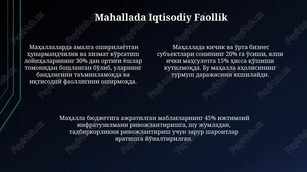 madaniy tadbirlar soni yiliga o‘rtacha 50 dan oshadi, bu esa ijtimoiy birdamlikni mustahkamlashda muhim rol o‘ynaydi. mahallada yoshlar bilan ishlash yoshlarni jinoyatchilikdan himoya qilish maqsadida "mahallada yoshlar bilan ishlash" dasturi doirasida 25 ta yangi sport maydonchalari qurildi va 100 dan ziyod yoshlar sport to'garaklariga jalb qilindi. mahalla komitetlari tomonidan yoshlar o'rtasida o'tkazilgan 300 dan ortiq tadbirlar yoshlarning bo'sh vaqtini mazmunli o'tkazishga, salomatlik va madaniyat darajasini oshirishga yordam berdi. "mahallada yoshlar bilan ishlash" dasturi doirasida 2022-yilda 1500 dan ortiq yoshlar kasb-hunarga o'rgatildi va ish bilan ta'minlandi, bu yoshlarning ijtimoiy moslashuviga ijobiy ta'sir ko'rsatdi. e'tiboringiz uchun rahmat @taqdimot_robot