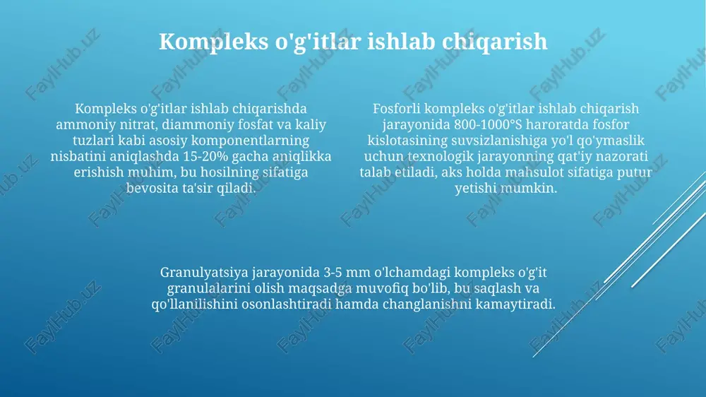 tayyorlanadi. fosfatli o'g'itlar ishlab chiqarish diammofos o'g'itini ishlab chiqarishda, ammoniy gidrofosfat va diammofos kabi murakkab o'g'itlar olish uchun, fosfor kislotasi va ammiakdan foydalaniladi. superfosfat ishlab chiqarish jarayonida konsentrlangan sulfat kislotasi (93-98%) bilan fosfat rudasi reaksiyaga kirishib, monokalsiy fosfat va kaltsiy sulfat hosil bo'ladi. fosfatli o'g'itlar ishlab chiqarishda asosiy xom ashyo sifatida fosfat rudalari, masalan, apatit va fosforitlar ishlatilib, ularning tarkibidagi p2o5 miqdori 30-40% gacha yetishi mumkin. mineral tuzlar va o'g'itlarning ahamiyati o'g'itlar tarkibidagi makroelementlar (azot, fosfor, kaliy) va mikroelementlar (temir, marganes, sink) o'simliklarning to'liq rivojlanishi va metabolizm jarayonlarining samarali ishlashi uchun juda muhimdir. mineral tuzlar va o'g'itlar o'simliklarning o'sishini 30-50% gacha tezlashtirib, hosildorlikni 2-3 baravar oshirishi mumkin, bu oziq-ovqat xavfsizligini ta'minlashda muhim rol o'ynaydi. mineral o'g'itlarning samarali qo'llanilishi tuproq unumdorligini saqlash va yaxshilashga, shuningdek, 1 gektar yer maydonidan olingan hosildorlikni 15-25% ga oshirishga yordam beradi. e'tiboringiz uchun rahmat @taqdimot_robot