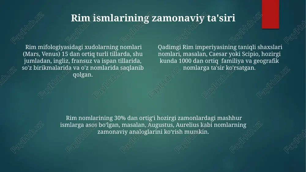 mkin emas edi, lekin ba'zi boy oilalarda ikkita yoki uchta kognomen mavjud bo'lishi mumkin edi. kognomen odatda ajdodlarning xususiyatlari, kasbi yoki kelib chiqishiga ishora qilgan, masalan, "scipio" ("cho'pon") yoki "caesar" ("sochli"). ba'zi kognomenlar geografik joy nomlaridan olingan bo'lib, oilaning kelib chiqishini ko'rsatgan, masalan, "africanus" yoki "germanicus" kabi taxalluslar rim imperiyasi davrida keng tarqalgan edi. rim ismlarini o'qish va talaffuz qilish rim ismlaridagi uchta asosiy element – nomen (shaxsiy ism), cognomen (familiya) va praenomen (ota ismi) – ko'pincha qisqartirilgan holda yozilgan va 3 ta harf bilan ifodalangan. ba'zi rim ismlarining talaffuzi ularning kelib chiqishiga bog'liq bo'lib, yunoncha kelib chiqqan ismlar yunoncha talaffuz qoidalariga mos ravishda o'qiladi. klassik davr rim ismlarini o'qishda lotin alifbosidagi harflarning talaffuzi zamonaviy italyan yoki ispan tillariga yaqin, ammo ayrim farqlar mavjud. e'tiboringiz uchun rahmat @taqdimot_robot image1.png image2.png image3.png image4.png image5.png image6.png image7.png image8.png image9.png image10.png