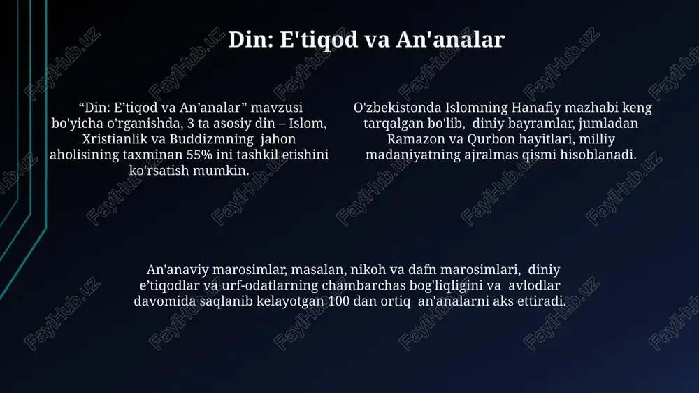 pitali iqtisodiyotdagi muhim omil hisoblanadi. malakali ishchi kuchining 20% ga o'sishi mehnat unumdorligini va milliy daromadni sezilarli darajada oshirishi mumkin. ijtimoiy tuzuv: jamiyat tuzilishi ijtimoiy tuzuvda 5 dan ortiq ijtimoiy sinflar mavjudligi jamiyatning murakkablashuvi va ijtimoiy farqlanishning yuqori darajasini ko'rsatadi. ijtimoiy mobilnost darajasi, ya'ni odamlarning ijtimoiy pog'onalarda ko'tarilish yoki tushish imkoniyati ijtimoiy tuzuvning ochiq yoki yopiq ekanligini belgilaydi, masalan, 20% dan kam mobilnost yopiq tuzuv demakdir. oila institutining kuchliligi ijtimoiy tuzuvda, ayniqsa, qishloq joylarida, 80% dan ortiq oilalar kengaytirilgan oila shaklida bo'lishi bilan belgilanadi. san'at: ijodiy ifoda "san'at: ijodiy ifoda" atamasi 20-asrning ikkinchi yarmida, ayniqsa, mustaqillikdan keyingi davrda, milliy madaniyatni rivojlantirish kontekstida keng qo'llanila boshlandi, bu 5 dan ortiq san'at turlarini o'z ichiga oladi. "san'at: ijodiy ifoda" tushunchasi, 100 dan ortiq ilmiy maqola va monografiyalarda tahlil qilingan bo'lib, milliy o'zlikni ifoda etishning muhim vositasi sifatida ko'rib chiqiladi. "san'at: ijodiy ifoda" ta'rifi, uning tarkibiy qismlari - rassomchilik, adabiyot, musiqa va boshqa …