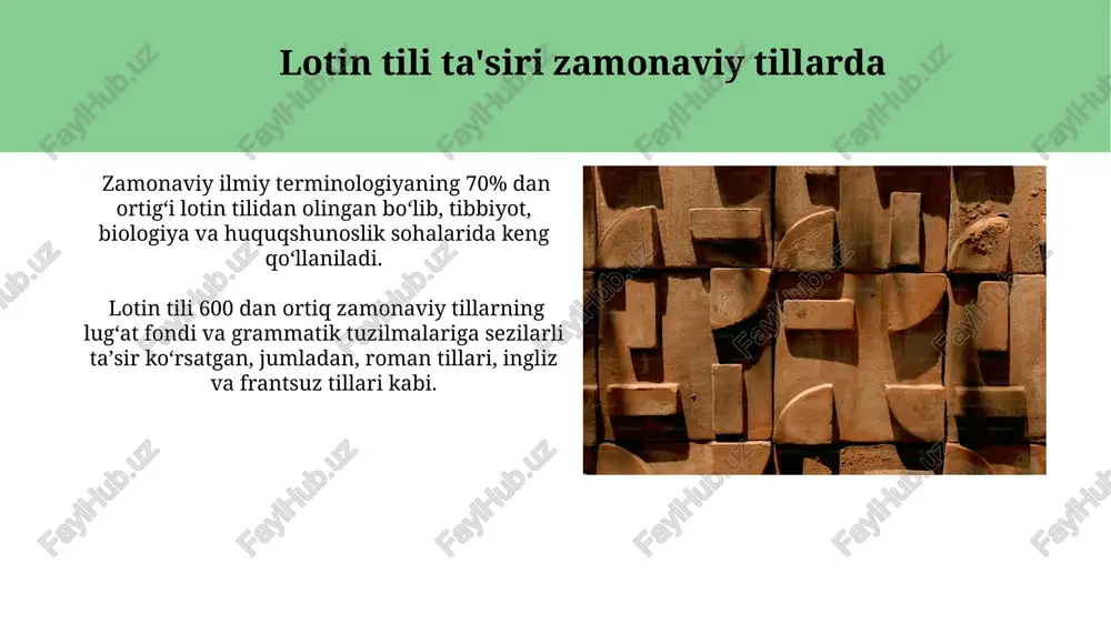l o'ynaydi, bu sohalarda 2000 dan ortiq lotincha atamalar faol qo'llaniladi. lotin tili grammatikasi lotin fe’llari 6 ta zamon shakliga ega: hozirgi, oʻtgan, kelasi zamonlarning har biri uchun ikkitadan – mukammal va nomukammal shakllar mavjud. lotin tilida soʻzlarning oʻzgarishi, ya’ni morfologiyasi, juda murakkab boʻlib, otlar 5 ta tusga, fe’llar esa toʻrtta toifaga boʻlinadi. e'tiboringiz uchun rahmat @taqdimot_robot image1.jpg image2.jpg image3.jpg image4.jpg image5.jpg image6.jpg image7.jpg image8.jpg image9.jpg image10.jpg image11.jpg image12.jpg image13.jpg image14.jpg image15.jpg image16.jpg image17.jpg