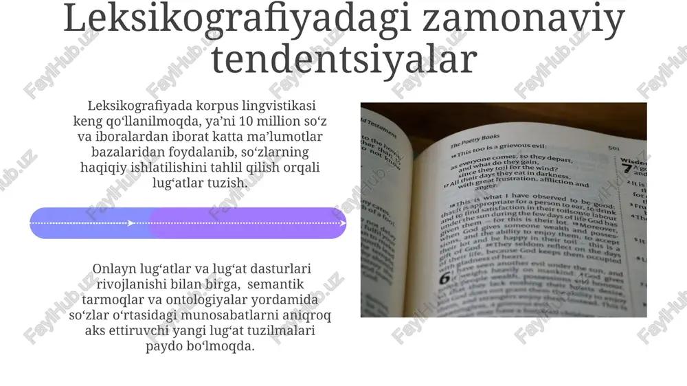 3 bosqichdan iborat: leksikografiya rejasi tuzish, ma'lumotlar yig'ish va tahlil qilish, lug'at matnini tayyorlash va tahrir qilish. frazeologik birliklar o'zbek tilida 3000 dan ortiq frazeologik birliklar mavjud bo'lib, ularning aksariyati tarixiy, ijtimoiy va madaniy an'analar bilan chambarchas bog'liqdir. frazeologik birliklar, ma'no jihatidan ajralmas bo'lib, tarkibidagi so'zlarning alohida ma'nolaridan farqli, yangi, obrazli ma'noga ega bo'lgan 2 yoki undan ortiq so'zlardan tashkil topgan iboralardir. leksikografik resurslar leksikografik resurslar lug'atlar, entsiklopediyalar, tezauruslar va terminologik lug'atlar kabi turli xil shakllarni o'z ichiga oladi, ularning soni minglab hisoblanadi. ba'zi leksikografik resurslar multimedia elementlarini, masalan, audio va video namunalarni, shuningdek, rasmlarni, grammatik ma'lumotlarni va etimologik ma'lumotlarni o'z ichiga oladi. lug'at turlari ba'zi lug'atlar 100 000 dan ortiq so'z va terminlarni o'z ichiga olgan holda, keng qamrovli bo'lsa, boshqalari esa tor mavzuga ixtisoslashgan va 5000 ga yaqin so'z bilan cheklangan bo'lishi mumkin. bu lug'at hajmi va maqsadli auditoriyaga bog'liq. lug'at tuzishda, ya'ni leksikografiyada, so'zlarning etimologiyasi, ma'nolari, qo'llanilishi …