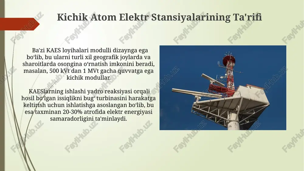 chik atom elektr stansiyalarida yoqilg'i elementlari, odatda, 10-20 yilgacha ishlatiladi va keyin qayta ishlashga yuboriladi. reaktor quvvatini boshqarish uchun neytron yutiluvchi moddalar, masalan, bor yoki kadmiy, ishlatiladi va ularning miqdori aniq hisob-kitoblar asosida boshqariladi. yangi texnologiyalar va innovatsiyalar "yangi texnologiyalar va innovatsiyalar" doirasida kichik atom elektr stansiyalari loyihalashtirishda sun'iy intellekt va mashinani o'rganish texnologiyalaridan foydalanish 30% ga xavfsizlik va samaradorlikni oshirdi. "yangi texnologiyalar va innovatsiyalar" dasturi doirasida 5 dan ortiq kichik atom elektr stansiyalarining prototiplari yaratildi va ularning ishlashi 99,9% ishonchlilik darajasini ko'rsatdi. kichik atom elektr stansiyalarining afzalliklari ushbu stansiyalar 50-100 mvt oralig'ida quvvat ishlab chiqarish imkoniyatiga ega bo'lib, mahalliy iste'molchilar ehtiyojini qondirish uchun etarli. kichik aeslarning ishlatilishi 20-30% gacha kamroq karbon emissiyasini ta'minlaydi, shuningdek, yanada yuqori ishonchlilik va energiya xavfsizligini kafolatlaydi. kelajakdagi rejalar va taraqqiyot kelajakdagi rejalar orasida 100 mvt quvvatga ega bo'lgan 5 ta kichik atom elektr stansiyasini qurish va 2030-yilgacha foydalanishga topshirish bor, bu esa mamlakat energiya …