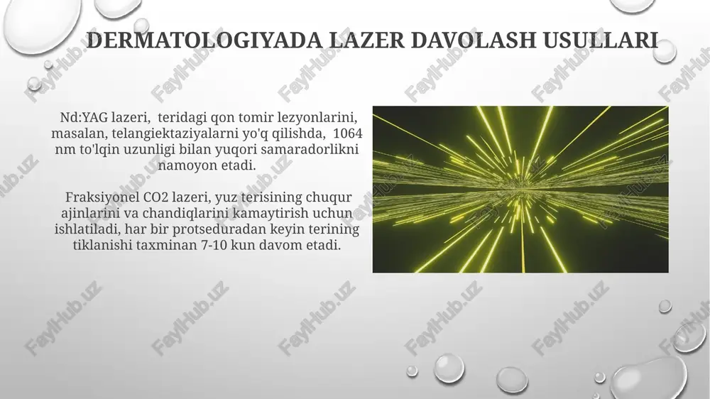 lik amaliyotiga qaraganda, kamroq qon ketish xavfi (10% ga kam) va tezroq tiklanishni ta'minlaydi. tibbiyotda lazer texnologiyalarining rivojlanishi lazer texnologiyalari rivojlanishi natijasida, mikrochirurgiya sohasida 1 mikrometrdan kam aniqlikka erishiladi, bu esa yuqori samarali va xavfsiz muolajalarni amalga oshirish imkonini beradi. hozirgi kunda lazerli terapiya yordamida 100 dan ortiq turdagi kasalliklar davolanadi, shu jumladan onkologiya, dermatologiya va oftalmologiya sohalarida muvaffaqiyatli qo'llanilmoqda. lazer terapiyasining yon ta'siri va xavfsizligi ko'zga lazer nurining to'g'ridan-to'g'ri ta'siri ko'rish qobiliyatining pasayishiga, hatto ko'rlikka olib kelishi mumkin, shuning uchun himoya ko'zoynaklari majburiydir. ba'zi bemorlarda 30-40% gacha lazer terapiyasidan keyin og'riq, shish va qizarish kabi reaksiyalar kuzatiladi, bu esa yallig'lanishga qarshi dorilar bilan davolashni talab qilishi mumkin. lazer jarrohligida qo'llaniladigan texnikalar nd:yag lazerlarining 1064 nm to'lqin uzunligi chuqur to'qimalarga yaxshi kirib borish qobiliyatiga ega bo'lib, buyrak va jigar toshlarini maydalash kabi amaliyotlarda qo'llaniladi. co2 lazerlarining 10600 nm to'lqin uzunligi tufayli yuqori energiya zichligi to'qimalarni bug'lash va kesish uchun ishlatiladi, …