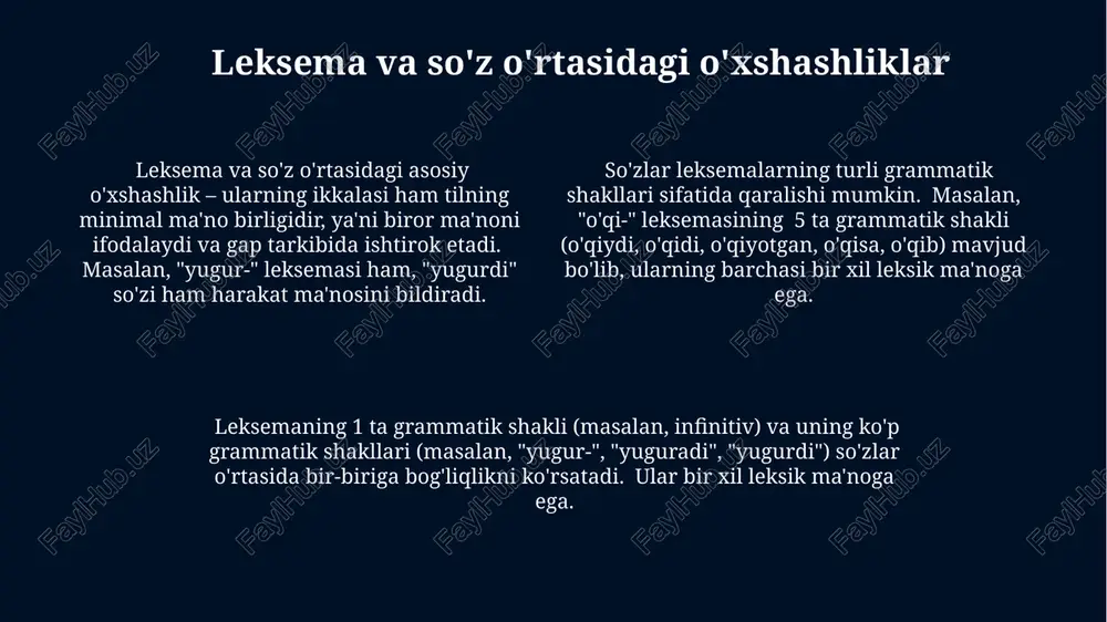 saqlaydi va turli grammatik shakllarga ega boʻlishi mumkin. morfologik jihatdan leksama bir nechta (masalan, 5-7 ta) turli shakllarga ega boʻlishi mumkin, masalan, otning kelishik shakllari yoki feʼlning zamon shakllari. e'tiboringiz uchun rahmat @taqdimot_robot image1.jpg