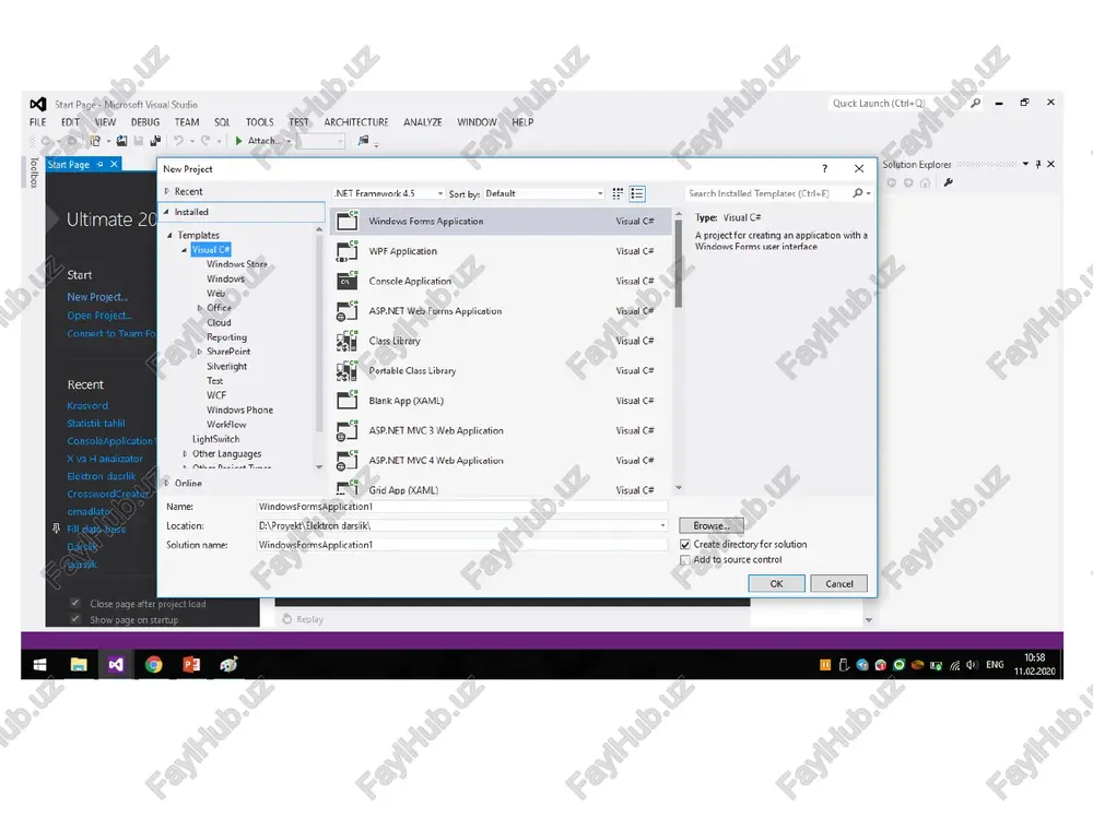 reak; case 2: console.writeline("dushanba"); break; case 3: console.writeline("seshanba"); break; case 4: console.writeline("chorshanba"); break; case 5: console.writeline("payshanba"); break; case 6: console.writeline("juma"); break; case 7: console.writeline("shanba"); break; default: console.writeline("xato"); goto a1; break; } console.readkey(); } takrorlash operatorlari (for) for(boshlang’ich qiymat, shart, qadam) amal; takrorlash operatorlari (while) while(shart) amal; while(shart) { amal1; amal2; } takrorlash operatorlari do { amallar; } while(shart) using system; using system.collections.generic; using system.linq; using system.text; using system.threading.tasks; namespace _1_dars { class program { static void main(string[] args) { int a, b; console.write("a="); a =int.parse( console.readline()); console.write("b="); b = int.parse(console.readline()); while (a != b) { if (a > b) a = a - b; else b = b - a; } console.write("a va b sonlarining ekubbi "+a+" ga teng"); } } } sonlarni berilgan formatda chiqarish double a = 3.879, b = 4.345, c = 5.786; console.writeline("a={0:f2}\nb={1:f3}\nc={2:f1}",a,b,c); a=double.parse(console.readline()); console.writeline("{0}",a); b = double.parse(console.readline()); console.writeline("{0}", b); massiv bu — bir turdagi o'zgaruvchilarni …