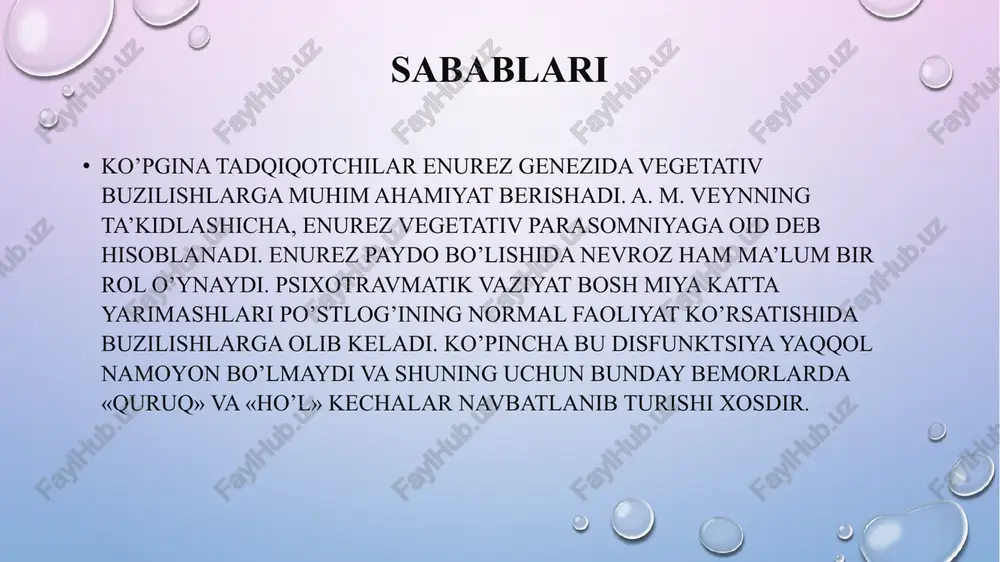 a kardiotoksik ta’sir va o’lim holatlari qayd etilgan. shuning uchun hozirgi vaqtda undan foydalanish tavsiya etilmaydi. fizioterapiya fizioterapevtik muolajalardan mikrotok, ultratovush, siydik pufagi sohasiga issiq ta’sir ettirish, terapevtik mashqlar, massaj buyurilishi mumkin. kasallikni davolashda kegel mashqlari ham yordam beradi. bunday holda, bola ma’lum bir muddat peshob oqimni 5-10 soniyadan ushlab turishi, keyin chiqarib yuborishi talab etiladi. enurezda gigiena qoidalari adsorbent gigienik mahsulotlar bemor hayotini ancha yengillashtiradi. bu to’shak uchun qoplamalar, nam bo’lmaydigan tagliklar, urologik prokladkalar bo’lishi mumkin. bularning barchasi hozirgi kunda dorixonalarda mavjud. vosita tanlaganda hiddan himoyalovchi turiga afzallik berish tavsiya etiladi. image2.png image3.png image4.jpg image1.png /docprops/thumbnail.jpeg