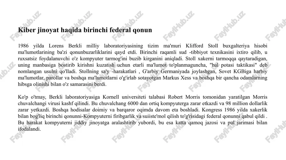 'rnatadi, fayllarni nusxalash va / yoki yo'q qiladi. fishing: zararli kodli xabarlar yoki elektron pochta xabarlarini yuborish. havolani bosish orqali firibgarlar sizning shaxsiy va to'lov ma'lumotingizga kirishadi. vositachilik kiberhujumi (mitm ): xakerlar ikki kishi yoki qurilma o'rtasidagi ma'lumot va aloqani to'xtatadi. bu umumiy wi-fi tarmog'i yoki zararli dastur yordamida amalga oshiriladi. xizmatdan voz kechish (ddos) hujumi: xakerlar sayt yoki xizmatga doimiy ravishda so'rovlar yoki tashriflar oqimini boshlaydi. natijada u qulab tushadi va ishlashni to'xtatadi. sql in'ektsiyasi: zararli kod sql (tuzilgan so'rovlar tili) so'rovlarini, ya'ni tuzilgan ma'lumotlar bazalariga qarshi so'rovlarni qayta ishlaydigan serverga kiritiladi. ba'zan kodni qidirish satriga kiritish kifoya. zero day(0 kunlik): ular ishlab chiquvchilar o'zlari hali kashf etmagan va tuzatishga ulgurmagan zaifliklarga hujum qilganda. dns tunnellari: 53 -port orqali boshqa http trafigini va boshqa protokollarni uzatish uchun dns protokoli yordamida kiberhujum. dns (domain name system) - bu domenlar haqida ma'lumot olish uchun tarqatilgan tizim: xost nomi bo'yicha ip -manzillar …