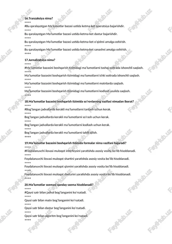 tini aniqlash kerak bo’ladi. ==== ma’lumotlar bazasini yaratishdan avval jadvallarni tahlil etish kerak bo’ladi. ==== ma’lumotlar bazasini yaratishdan avval matnlar tashkil etish zarur. ==== ma’lumotlar bazasini yaratishdan avval so’rovlar modulini tashkil etish kerak. ++++ 24.ma’lumotlar bazasini yaratishda o’rnatilgan bo’yicha yangi makros yaratayotganda nimalar aks etadi? ==== #makrokomanda va izoh ustunlari aks etadi. ==== jadvallar va so’rovlar aks etadi. ==== xisobotlar aks etadi. ==== loyihalash aks etadi. ++++ 25.har bir makrokomandani amalga oshirish uchun u nimalarning qiymatiga bog’liq bo’ladi? ==== #har bir makrokomandani amalga oshirish argumentlarining qiymatiga bog’liq bo’ladi. ==== har bir makrokomandani amalga oshirish xisobotlarining qiymatiga bog’liq bo’ladi. ==== har bir makrokomandani amalga oshirish jadvallarning qiymatiga bog’liq bo’ladi. ==== har bir makrokomandani amalga oshirish so’rovlarning qiymatiga bog’liq bo’ladi. ++++ 26.ma’lumotlarni yoki ob’ektlarni o’chirganda ma’lumotlar bazasi fayllari qanday holatda bo’ladi? ==== #ma’lumotlarni yoki ob’ektlarni o’chirganda ma’lumotlar bazasi fayllari fragment holatida bo’ladi. ==== ma’lumotlarni yoki ob’ektlarni o’chirganda ma’lumotlar bazasi fayllari kodlangan holatda …