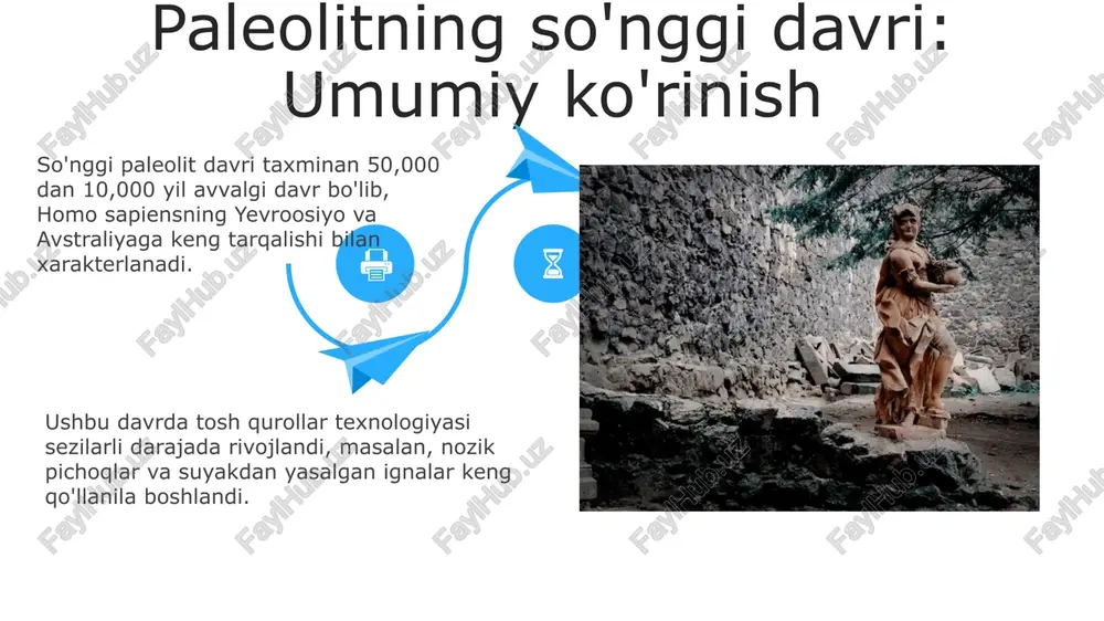 iqlandi. kelajakdagi tadqiqotlar kelajakdagi tadqiqotlar aniq yashash joylarining 14c yoshini aniqlashga qaratilgan bo'lib, bu ma'lumotlar paleoekologik rekonstruktsiya uchun muhim ahamiyatga ega. genetik ma'lumotlarni olish uchun qoldiq dnkni o'rganish kelajakdagi tadqiqotlarning muhim yo'nalishi bo'lib, bu paleolit davridagi odamlarning migratsiyasi va turmush tarzini aniqlashga yordam beradi. xulosa xulosa manzilgohi o'zbekistonning surxondaryo viloyatida joylashgan bo'lib, 1958-yilda arxeologik qazishmalar natijasida topilgan. bu joyda taxminan 30,000-40,000 yil avvalgi kech paleolit davriga oid artefaktlar aniqlangan. xulosa manzilgohidan topilgan tosh qurollar levallua texnikasi va muztier davrida yashagan odamlarning texnologik rivojlanishini namoyon etadi, bu esa mintaqaning o'sha davrdagi madaniy ahamiyatini ko'rsatadi. e'tiboringiz uchun rahmat image6.jpg image7.jpg image8.jpg image9.jpg image10.jpg image11.jpg image12.jpg image13.jpg image14.jpg image15.jpg image16.jpg image17.jpg image18.jpg image19.jpg image20.jpg image21.jpg image22.jpg image1.jpeg image2.jpeg image3.jpeg image4.jpeg