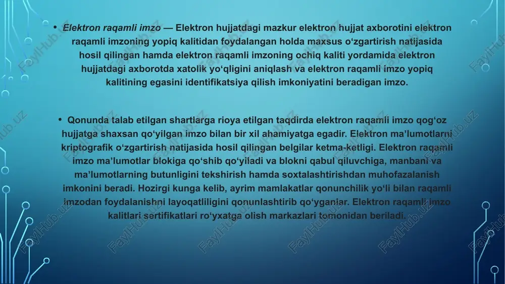 elektron raqamli imzo bo‘lmagan taqdirda, davlat organlarining interaktiv xizmatlaridan foydalanib, shuningdek yagona interaktiv davlat xizmatlari portalida ko‘rsatiladigan xizmatlardan ham foydalanib bo‘lmaydi. xususan, biror davlat idorasiga ariza, murojaat, taklif yuborish uchun ham, sizning shaxsingizni tasdiqlaydigan, o‘zaro ishonchli hamkorlikni ta’minlaydigan elektron raqamli imzoga ega bo‘lishingiz kerak bo‘ladi. elektron raqamli imzo yordamida elektron hujjatlarni imzolash, masofadan turib davlat xizmatlaridan foydalanish mumkin. elektron raqamli imzo noyobligi, nusxa olish ya’ni ko‘paytirib bo‘lmasligi bilan, hujjatni imzolagan shaxsni tasdiqlashi bilan, qalbakilashtirishning imkonsizligi bilan o‘ziga xosdir. qisqa qilib aytganda electron raqamli imzo bizga har qanday faoliyatda as qotadi. e`tiboringiz uchun raxmat! image3.png image4.jpeg image5.gif image6.png image7.png image2.png /docprops/thumbnail.jpeg