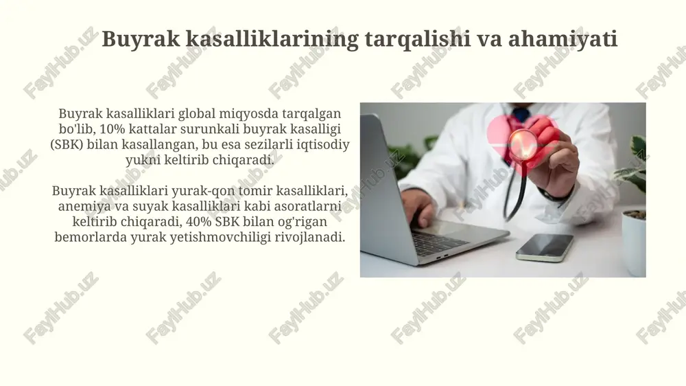 dullyar kistik kasallikni 2-tipni aniqlash kerak. zamonaviy davolash usullari zamonaviy davolash usullari gen terapiyasini o'z ichiga oladi, bunda muayyan genlarni yo'naltirish orqali kasalliklarni davolash uchun maxsus genetik materiallar yetkaziladi. immunosupressiv dori-darmonlar, masalan, takrolimus va mikofenolat mofetil, tubulointerstitsial nefropatiyalarni davolashda immunitetni susaytirish orqali yallig'lanishni kamaytiradi. prognoz «prognoz» buyrak kasalliklarida erta bosqichlarda, masalan, surunkali buyrak kasalligining 1-2 bosqichlarida, prognozlash imkonini beruvchi innovatsion biomarkerlar panelini o'rganishga qaratilgan. genetik testlar «prognoz» doirasida tubulointerstisial nefropatiyalarning ba'zi shakllariga moyillikni aniqlashda qo'llaniladi, bu esa xavf guruhidagi shaxslarni aniqlash va profilaktika choralarini ko'rishga yordam beradi. xulosa zamonaviy tekshiruv usullari, masalan, mri va biopsiya, tubulointerstitsial nefropatiyalarni aniqlashda 90% gacha aniqlik beradi, lekin invazivligi tufayli cheklangan qo'llaniladi. tubulointerstitsial nefropatiyalarni erta tashxislash uchun siydikdagi proteinlar va kreatinin darajasini 6 oyda kamida bir marta o'lchash muhim ahamiyatga ega. kechikish asoratlarni oshiradi. e'tiboringiz uchun rahmat image4.jpg image5.jpg image6.jpg image7.jpg image8.jpg image9.jpg image10.jpg image11.jpg image12.jpg image13.jpg image14.jpg image15.jpg image16.jpg image17.jpg image18.jpg image19.jpg image20.jpg