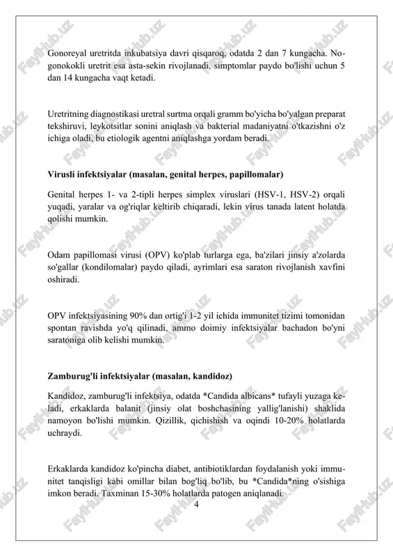 va hatto nervlarning shikastlanishiga olib kelishi mumkin, bu esa hissiyotning yo'qolishiga olib keladi; bunday holatlarda davolash antibiotiklarni va jarrohlikni o'z ichiga olishi mumkin. penissning saratoni penis saratonining 5 yillik hayot darajasi, agar u erta bosqichda aniqlansa, 90% dan yuqori bo'lishi mumkin, bu tashxis va davolanishning muhimligini ta'kidlaydi. invaziv skuamoz hujayrali karsinoma penis saratonining eng keng tarqalgan turi bo'lib, 95% dan ortiq holatlarni tashkil etadi, bu uning biologiyasini tushunishni zarur qiladi. so'nggi tadqiqotlar shuni ko'rsatadiki, papilloma virusi (hpv) 16 va 18 penis saratonining 40-50% gacha bo'lgan qismini tashkil qilishi mumkin, bu profilaktika choralarini ko'rishni zarur qiladi. uretraning torayishi (striktura) uretraning torayishi, ya'ni striktura, ko'pincha jarohat, yallig'lanish yoki infektsiya natijasida uretrada chandiq to'qimalari hosil bo'lishi bilan bog'liq bo'ladi. strikturaning diagnostikasi uchun siydik oqimini o'lchash (urofloumetriya) va uretrografiya kabi instrumental tekshiruvlar o'tkaziladi, bu esa torayish darajasini aniqlashga yordam beradi. uretraning torayishini davolash usullari endoskopik uretrotomiya (ichki kesish) yoki uretrani rekonstruksiya qilish (uretroplastika) kabi …