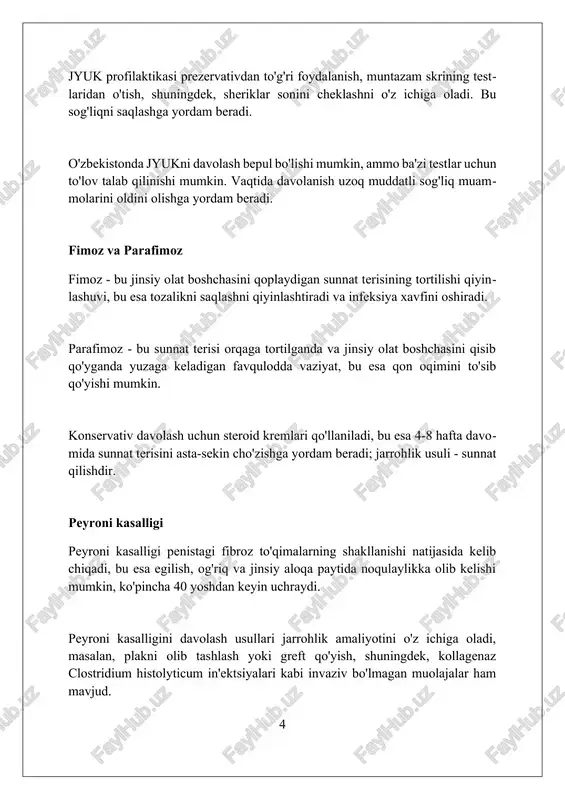niqsa rivojlangan mamlakatlarda, o'tish hujayralari karsinomasidan farqli o'laroq, u siydik pufagida tez-tez uchraydi. siydik yo'li rakida risk omillariga surunkali yallig'lanish, masalan, siydik yo'llarining qaytalanishi, siydik toshlari, 60 yoshdan oshgan erkaklar va siydik yo'liga ta'sir qiluvchi ba'zi kimyoviy moddalar kiradi, bu esa 10 foizdan ko'proq holatlarda kasallikning sababi bo'lishi mumkin. peniss sinishi jinsiy olat sinishi, aslida suyak sinishi emas, balki ereksiya paytida qattiqlashgan jinsiy olatning tunika albugineasining yorilishi hisoblanadi. peniss sinishi odatda kuchli og'riq, erektsiyani yo'qotish va jinsiy olatda ko'karish bilan namoyon bo'ladi, ba'zan "baqlajon deformatsiyasi" deb ataladi. ushbu holat ko'pincha jinsiy aloqa paytida yuzaga keladi, lekin masturbatsiya yoki jarohat tufayli ham sodir bo'lishi mumkin va tez tibbiy yordam talab etiladi. jarohatlar va shikastlanishlar jinsiy olatning sinishi, odatda jinsiy aloqa paytida yuzaga keladi, 30-50 yoshdagi erkaklarda uchraydi va qattiq ereksiya paytida tunika albugineaning yorilishi hisoblanadi. uretra shikastlanishi, masalan, 10-15% hollarda tos suyagi sinishi bilan bog'liq bo'lishi mumkin, siydik oqishi va og'riqli …