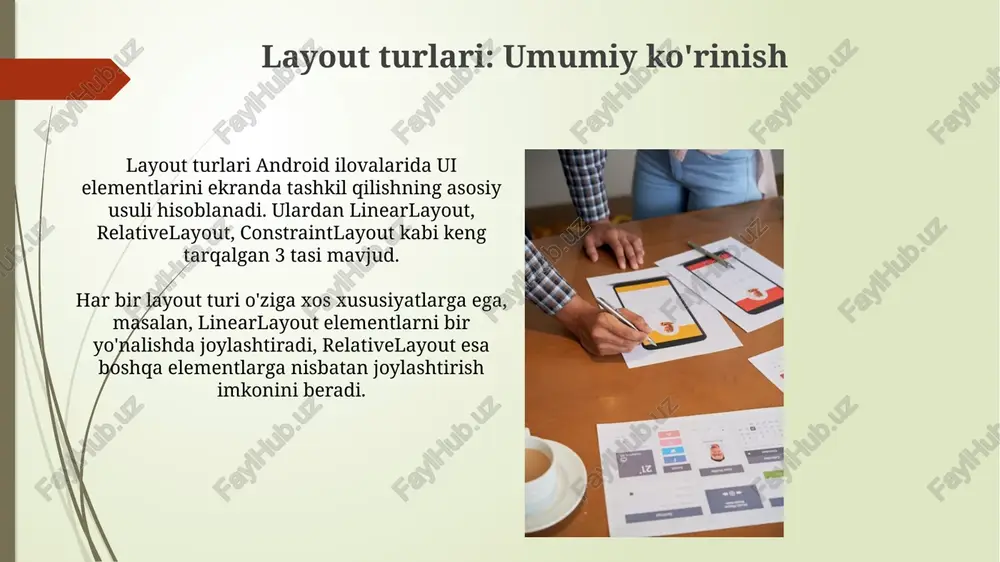 vchilar gorizontal surish orqali sahifalarni (fragmentlarni yoki ko'rinishlarni) ko'rishlari mumkin, bu esa ma'lumotlarning navbatma-navbat taqdimoti uchun juda mos keladi. data binding bilan layoutlar data binding bilan layoutlar 1. layout faylida xml atributlari orqali bevosita ma'lumotlarni bog'lash imkonini beradi, shu orqali findviewbyid() chaqiruvlar sonini kamaytiradi. 2. data binding kutubxonasi, masalan, observablefield kabi observable ma'lumotlar turlari bilan ishlashni osonlashtiradi, bu ui'ni ma'lumotlar o'zgarishi bilan avtomatik ravishda yangilaydi. compose bilan layoutlar compose'dagi box layout, elementlarni ustma-ust joylashtirish uchun ishlatiladi, 0 dan ortiq elementlar uchun moslashuvchanlikni ta'minlaydi va chegaralar bilan moslashtirishni boshqaradi. compose'dagi row layout, elementlarni gorizontal qatorda ketma-ket joylashtiradi. u vazn berish orqali elementlar o'rtasida 1 dan ortiq bo'sh joyni taqsimlashni osonlashtiradi. xulosa xulosa shuni ko'rsatadiki, android-dagi turli xil joylashtirish variantlari, masalan, 10 dan ortiq asosiy tur, interfeysni moslashuvchan yaratish imkonini beradi. framelayout, linearlayout va constraintlayout kabi joylashtirishlar bilan ishlash, 90% hollarda moslashuvchan ui yaratish uchun optimal tanlov bo'ladi. e'tiboringiz uchun rahmat image2.jpg …