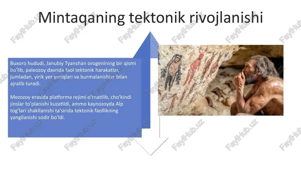 ng barqaror rivojlanishi uchun zarur bo'lgan geologik xavflarni, masalan, seysmik xavfni baholashga yordam beradi. ushbu fan sanoatning atrof-muhitga ta'sirini kamaytirish strategiyalarini ishlab chiqish uchun geologik tuzilmalarning ifloslanish xususiyatlarini tahlil qiladi. geologik meros va geoturizm geologik meros ob'ektlari, masalan, qizilqum cho'li orqali o'tuvchi qadimiy dengiz qoldiqlari geoturizm uchun noyob imkoniyatlar yaratadi va 10 million yillik tarixni aks ettiradi. buxoro viloyatidagi karst g'orlari va ularning geologik xususiyatlari, shuningdek, gips konlari geoturistik marshrutlar uchun muhim ahamiyatga ega, ularning shakllanishi million yillar davom etgan. e'tiboringiz uchun rahmat image5.jpg image6.jpg image7.jpg image8.jpg image9.jpg image10.jpg image11.jpg image12.jpg image13.jpg image14.jpg image15.jpg image16.jpg image17.jpg image18.jpg image4.png image19.jpg image20.jpg image21.jpg image1.jpeg image2.jpeg