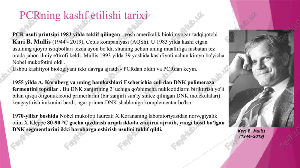anilayotgan namunada mavjud bo'lsa. pcr yordamida dnkning nisbatan qisqa qismlari kuchaytiriladi , ularning uzunligi 3000 ta asosiy juftdan oshmaydi. 1-bosqichida dnk zanjiri yuqori harorat ta'sirida (95 ° ) ikkita zanjir hosil bo'lishi bilan "eriydi". - denaturasyon bosqichda har bir ipga primerlar biriktiriladi (50-65 ° ) - primerlarni tavlash 3-bosqichda filamentlar taq polimeraza (72 ° ) yordamida to'ldiriladi - uzaylash (uzaylash) pcr uch bosqichli tsiklik jarayon bo'lib, kuchaytirgichlar deb ataladigan qurilmalarda takrorlanadi va 30-40 marta takrorlanadi. 1 amplifikatsiya siklida hosil bo'lgan yangi dnk zanjirlari 2 ta uchun shablon bo'lib xizmat qiladi ma'lum bir dnk amplikon mahsuloti hosil bo'lgan tsikl . keyingi tsikllarda amplikonlar yangi zanjirlar sintezi uchun shablon bo'lib xizmat qiladi. reaksiya aralashmasida amplikonlar 2n formula bo'yicha shunday to'planadi, bu erda n - kuchaytirish davrlari soni. agar dastlab materialda faqat bitta ikki zanjirli dnk molekulasi mavjud bo'lsa ham, 30-40 tsiklda eritmada 10 ^ 8 amplikon molekulalari to'planadi, pcr komponentlari klassik versiyasi …
