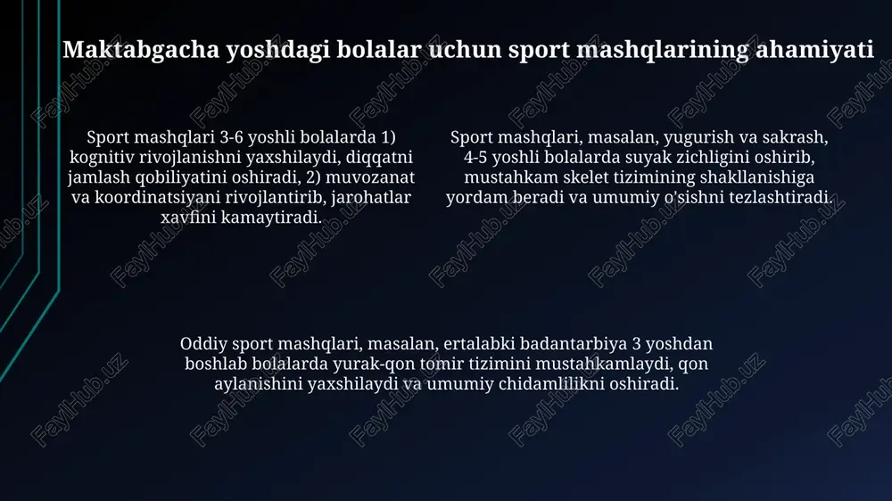yoshli bolalar uchun uy sharoitida bajarilishi mumkin bo'lgan oddiy mashqlar to'plami bilan ta'minlangan maxsus bukletlar tayyorlanadi. ota-onalar bilan hamkorlikda har chorakda kamida 2 marta "ochiq eshiklar kuni" tadbirlarini o'tkazish orqali bolalarning sportdagi yutuqlari namoyish etiladi. har bir sport mashg'ulotidan so'ng, murabbiy ota-onalarga bolaning individual rivojlanish darajasi, masalan, 1 dan 5 gacha baholash tizimi bo'yicha, haqida qisqacha ma'lumot beradi. xulosa maktabgacha yoshdagi bolalar uchun sport mashqlari 3-6 yoshdagi bolalarning jismoniy rivojlanishiga, 10-15% ga harakat faolligini oshirishga yordam beradi. metodikada 2-3 daqiqalik qisqa mashqlarni o'yin shaklida o'rgatish, bolaning qiziqishini uyg'otish va harakatlarni 8-12 marta takrorlash muhimdir. xulosa shuni ko'rsatadiki, ertalabki badantarbiyani muntazam bajarish 20-30% kasalliklarni kamaytiradi va bolalarning umumiy salomatligini yaxshilaydi. e'tiboringiz uchun rahmat