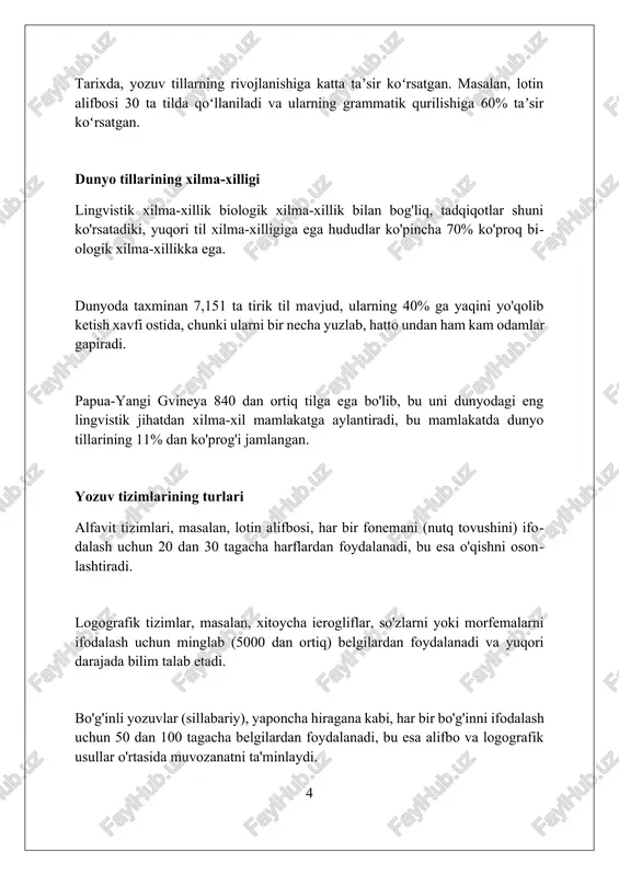 ologiyalari orasida, 15-asrda guttenberg bosma mashinasining ixtirosi matnlarni ko'paytirish tezligini oshirib, kitoblarning narxini sezilarli darajada pasaytirdi. zamonaviy yozuv texnologiyalari elektron siyoh (e ink) displeylarini o'z ichiga oladi, bu texnologiya ko'zlar uchun qulay bo'lib, kam energiya sarflaydi, shu sababli kitobxonlar uchun qulaydir. ocr (optical character recognition) texnologiyasi matnni skanerlash orqali raqamli formatga o'tkazish imkonini beradi, bu esa eski kitoblarni arxivlash va ularni o'zgartirish imkoniyatini beradi. raqamli til va yozuv raqamli tilshunoslikda "n-gramma" modeli matndagi n ta so'z ketma-ketligining ehtimolini o'rganadi, bu esa 20-asr oxiridan boshlab tilni qayta ishlashda keng qo'llaniladi. raqamli yozuvda unicode kabi standartlar 143,000 dan ortiq belgini kodlash imkonini beradi, bu turli tillarning belgilarini kompyuterda aks ettirishni osonlashtiradi. sun'iy intellektga asoslangan til modelida, masalan, gpt-3 da milliardlab parametrlardan foydalaniladi. bu modellar 175 milliard parametr yordamida matnlarni yaratishga qodir. til va yozuvning kelajagi kelajakda yozuv sun’iy intellekt orqali avtomatik tarjima va kontent yaratishda 90% gacha keng qo’llaniladi, bu esa global …