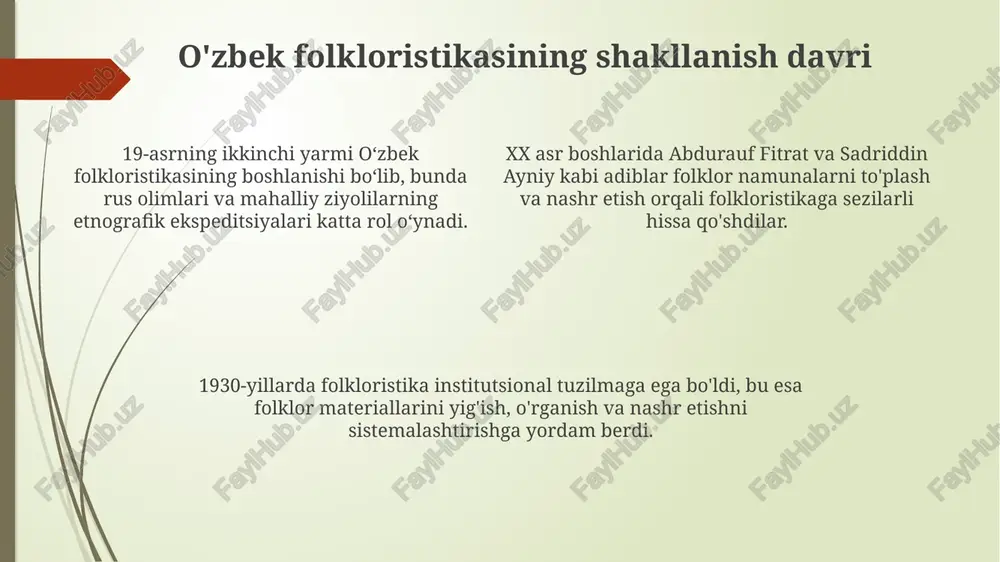 shga bag'ishlangan ilmiy ishlari muhimdir. xalq qo'shiqlari, ayniqsa mehnat qo'shiqlari, tarixiy davrlar o'zgarishi bilan shakllanib, 20-asrning o'rtalarida folklor olimlari tomonidan keng o'rganilgan. folklor va adabiyot aloqalari folklor va adabiyot o'rtasida dialektik aloqa mavjud bo'lib, og'zaki ijod namunalarini yozma adabiyot 20-asr boshlarida keng foydalanish amaliyoti muhim ahamiyatga ega. eposlar, dostonlar, ertaklar kabi folklor janrlari adabiyot uchun 30 dan ortiq syujetlar manbai bo'lib xizmat qiladi, ularning poetik tuzilishi va g'oyaviy mazmunini boyitadi. folklorning adabiyotga ta'siri 10 dan ortiq uslubiy unsurlar, jumladan, metaforalar, qiyoslar, afsonaviy obrazlar orqali namoyon bo'ladi, bu esa asarlarning badiiyligini oshiradi. zarifning shogirdlari va izdoshlari hodi zarifning ko'plab shogirdlari orasida olim botirxon valixo'jaev alohida o'rin tutadi, u 1950-yillardan boshlab folkloristik tadqiqotlarda faol ishtirok etdi. uning izdoshlari orasida filologiya fanlari doktori mamatqul jurayev ham bor, u epik ijodiyotning janriy xususiyatlarini chuqur o'rgangan va bir nechta monografiyalar yozgan. shogirdlari va izdoshlari keyinchalik o'zbekiston fanlar akademiyasida folklor arxivi yaratishga hissa qo'shdilar, 20 mingdan …