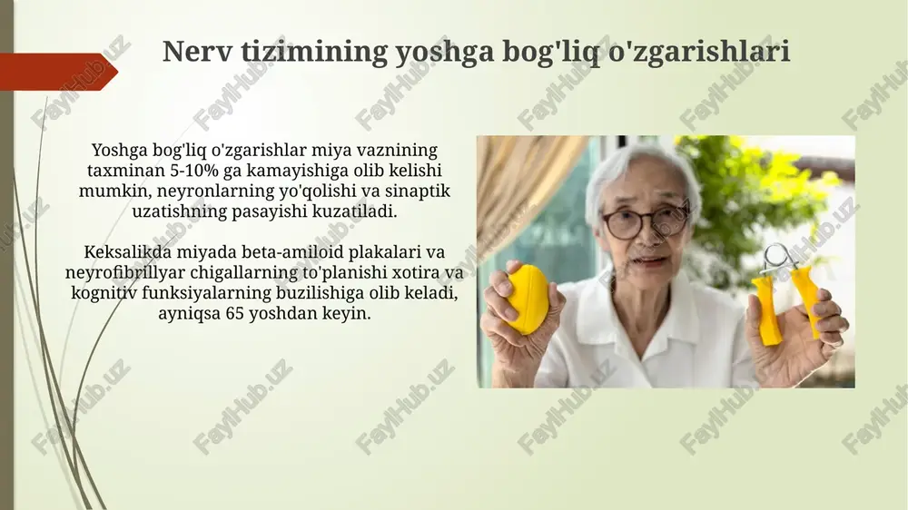 nlash va har 45-60 daqiqada 10 daqiqalik tanaffus qilish kerak. psixoemotsional gigiena psixoemotsional gigiena – bu depressiyani erta aniqlash va unga qarshi kurashish. bu 65% hollarda ish faoliyatini yaxshilaydi va surunkali kasalliklarni kamaytiradi. meditatsiya va nafas olish mashqlari, masalan, 4-7-8 usuli stressni 30% ga kamaytiradi va xotirani 25% ga yaxshilaydi, psixoemotsional muvozanatni saqlashga yordam beradi. xulosa nerv faoliyatining gigiyenasi va yosh xususiyatlari, 60 yoshdan keyin miya faoliyatining susayishini sekinlashtirish uchun muntazam jismoniy faollikni talab qiladi. yoshga bog'liq o'zgarishlar, ayniqsa 70 yoshdan oshganlarda, nerv hujayralarining metabolik jarayonlarida 15-20% ga pasayish bilan namoyon bo'ladi. e'tiboringiz uchun rahmat image2.jpg image3.jpg image4.jpg image5.jpg image6.jpg image7.jpg image8.jpg image9.jpg image10.jpg image11.jpg image12.jpg image13.jpg image14.jpg image15.jpg image16.jpg image17.jpg image18.jpg