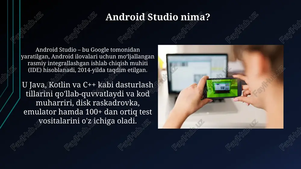 gi eng so'nggi api xususiyatlari va dasturiy ta'minot to'plamlari haqida keng qamrovli ma'lumot beradi. stack overflow kabi onlayn hamjamiyatlar android studio bilan bog'liq 1000 dan ortiq xatolarni tuzatishda va yangi funksiyalarni o'rganishda 24/7 yordam berishi mumkin. xulosa xulosa qilib aytganda, android studio zamonaviy ilovalarni yaratish uchun 2013-yilda taqdim etilgan google-ning rasmiy integratsiyalashgan ishlab chiqish muhiti (ide) hisoblanadi. o'rnatish jarayoni java development kit (jdk) 8 yoki undan yuqori versiyasini talab qiladi va 3-4 gb operativ xotira tavsiya etiladi, bu muhim jihatdir. e'tiboringiz uchun rahmat image2.jpg image3.jpg image4.jpg image5.jpg image6.jpg image7.jpg image8.jpg image9.jpg image10.jpg image11.jpg image12.jpg image13.jpg image14.jpg image15.jpg image16.jpg image17.jpg image18.jpg
