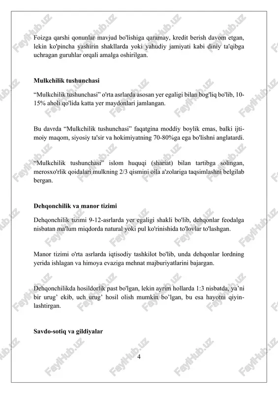 qarz berishdan iborat bo'lgan. davlat o'rta asrlarda soliq yig'ish orqali daromad olgan va ushbu mablag'larni infratuzilmani yaxshilash, masalan, suv yo'llari qurishga sarflagan, bu esa 25-30% mahsuldorlikni oshirgan. o'rta asr davlatlari gildiyalarni nazorat qilib, sifat standartlarini belgilagan va 5-7 yillik shogirdlik davrlarini o'rnatgan, shu bilan hunarmandchilik mahsulotlarining sifatini ta'minlagan. qora o'latning iqtisodiy oqibatlari ishchi kuchi tanqisligi ish haqining keskin oshishiga olib keldi, chunki tirik qolgan dehqonlar va hunarmandlar o'z xizmatlari uchun yuqori to'lovlar talab qilishdi, bu esa iqtisodiy dinamikani o'zgartirdi. demografik qisqarish ekin maydonlarining tashlab ketilishiga sabab bo'ldi, chunki aholi kamayishi natijasida qishloq xo'jaligi ishlab chiqarishi qisqardi, bu esa oziq-ovqat ta'minotining pasayishiga olib keldi. savdo-sotiq va tijorat aloqalari uzildi, chunki mintaqalararo harakat cheklandi va aholi punktlari karantinga olinishi global savdo tarmoqlariga sezilarli ta'sir ko'rsatdi. iqtisodiy fikrlashning keyingi davrlarga ta'siri iqtisodiy fikrlashning rivojlanishi 15-16-asrlarda merkantilizmning shakllanishiga turtki berdi, bu davlatning boyligi savdo balansini faol ravishda boshqarish orqali oshirilishiga urg'u berdi. fiziokratlar 18-asrda …