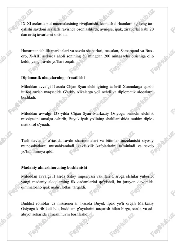 i o'zgartirdi va tanazzul davrining tugashiga hissa qo'shdi. g'arbiy turk xoqonligining parchalanishi 7-asrda mintaqada beqarorlikni keltirib chiqardi, ipak yo'lidagi karvon savdosiga katta zarar yetkazdi va tanazzulni chuqurlashtirdi. dengiz yo'llarining ahamiyati oshishi xvi asrda yevropaliklar afrikaning janubiy qirg'og'i orqali dengiz yo'lini topishi bilan dengiz yo'llarining ahamiyati ortdi, bu quruqlik savdosiga qiyosiy arzonroq edi. dengiz yo'llari orqali xavfsizroq va arzonroq tovar tashish imkoniyati paydo bo'ldi, masalan, ziravorlar va ipakni osiyodan yevropaga yetkazishda 30-40% gacha tejash imkonini berdi. dengiz savdosining rivojlanishi port shaharlarining yuksalishiga olib keldi; masalan, lissabon, antverpen kabi shaharlar 1500-yillarda muhim savdo markazlariga aylandi va shu bilan dengiz yo'llarining ahamiyati oshdi. ipak yo'lining merosi ipak yo'lining merosi nafaqat savdo, balki buddizm, nasroniylik va islom kabi dinlarning tarqalishida muhim rol o'ynadi, bu madaniy almashinuvning 200 yillik davrini belgilaydi. viii-xiv asrlarda ipak yo'li shaharlari, jumladan, samarqand va buxoro ilmiy markazlarga aylandi, matematika, astronomiya va tibbiyot sohalarida 100 dan ortiq olim yetishib chiqdi. ipak …