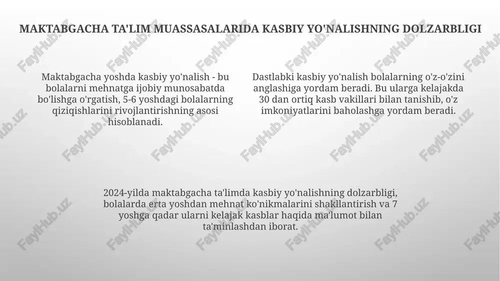 qobiliyatlarini rivojlantirish, kelajakdagi kasbiy faoliyatini samaraliroq rejalashtirish mumkin. maktabgacha ta'lim muassasalarida kasbiy yo'naltirish tizimini tashkil etish 3-5 yoshli bolalarda oddiy mehnat ko'nikmalarini shakllantirishga yordam beradi. o'tkazilgan tadqiqotlar shuni ko'rsatadiki, maktabgacha yoshdagi bolalarning 70%i kattalar kasblari haqida tasavvurga ega emas, bu esa kasbiy yo'naltirishning ahamiyatini oshiradi. e'tiboringiz uchun rahmat image1.png image2.png
