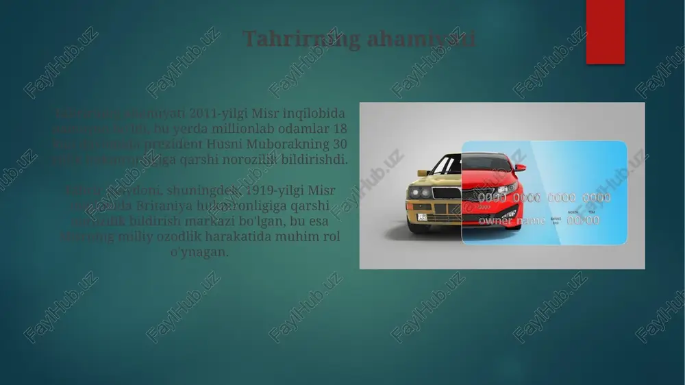 ik tizimlarining funktsiyalarini buzishi mumkin. tahrirga misollar avtomobil kuzovini o'zgartirishga misol sifatida 1967-yilgi ford mustangni zamonaviy elektr dvigateli va batareyalar bilan jihozlash, shu bilan uning ishlashini yaxshilash mumkin. tuningning bir varianti sifatida amortizatorlar va prujinalarni yangilash orqali avtomobilning osma tizimini yaxshilash, bu esa boshqaruvni sezilarli darajada oshiradi. xulosa xulosa qismida tadqiqotning asosiy topilmalari 1-2 gapda jamlanadi, natijalarning amaliy ahamiyati va ilmiy yangiliklari 3-4 bandda ta'kidlanadi. muallif xulosada kelajakda o'rganilishi mumkin bo'lgan yo'nalishlarni 5-6 ta aniq misol bilan ko'rsatib berishi, tadqiqotning 7-8 asosiy cheklovlarini eslatib o'tishi zarur. e'tiboringiz uchun rahmat image7.jpg image8.jpg image9.jpg image10.jpg image11.jpg image12.jpg image13.jpg image14.jpg image15.jpg image16.jpg image17.jpg image18.jpg image19.jpg image20.jpg image21.jpg image22.jpg image23.jpg image1.png image2.png image3.png image4.png