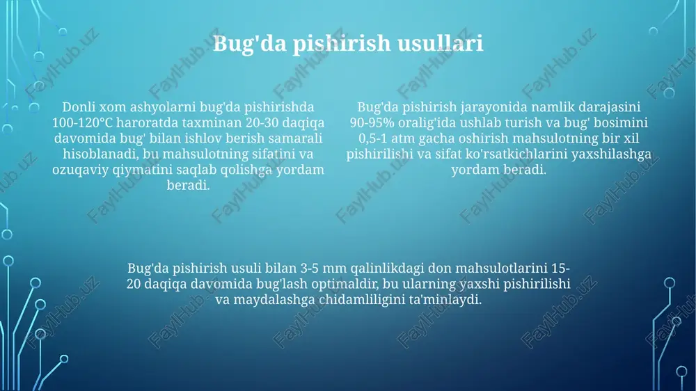 g sifatini va ta'mini yaxshilashga yordam beradi, ozuqa moddalarining saqlanishini ta'minlaydi. qovurish va qaynatishning kombinatsiyasi qovurish va qaynatish kombinatsiyasi donli xom ashyoning ozuqaviy qiymatini saqlab qolishda muvozanatni ta'minlaydi, taxminan 60-75% suv va ozuqa moddalarining saqlanishini ta'minlaydi. qaynatish, taxminan 100°c da, donli mahsulotlarning to'liq pishirilishiga va yumshoq bo'lishiga yordam beradi, bu esa taxminan 30-45 daqiqa davom etadi. suv miqdori retseptga bog'liq. qovurish jarayoni donli xom ashyoni 180-200°c da 5-7 daqiqa davomida qizdirib, suv miqdorini kamaytiradi va xushbo'y hid hosil qiladi, keyin qaynatish boshlanadi. tovlamachilik usullari donli xom ashyolarni qayta ishlashda 30-40°c haroratda 2-3 soat davomida namlantirish usuli namlik miqdorini oshirib, keyingi issiqlik bilan ishlov berish jarayonini yaxshilaydi. donli xom ashyo, masalan, bug'da pishirish usulida 100°c haroratda 15-20 daqiqa davomida bug' bilan ishlov berish orqali yumshoq va mazali bo'ladi. donli mahsulotlarni 180-200°c haroratli pechda 25-30 daqiqa davomida qovurish usuli qobiq hosil bo'lishini va o'ziga xos xushbo'y hidning paydo bo'lishini ta'minlaydi. e'tiboringiz uchun …