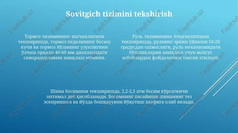 enteşelerini tekshirishda, bo'g'imlardagi bo'shliqlarni aniqlash uchun 5 mm gacha bo'lgan o'lchov vositalaridan foydalanish tavsiya etiladi, bu esa avtomobilning boshqaruvchanligiga ta'sir qiluvchi nuqsonlarni aniqlashga yordam beradi. süspansiyon buloqlarining holatini tekshirishda, ularning egiluvchanligi va deformatsiyasini tekshirish uchun, yuk bilan sinash kerak, bu esa avtomobilning yuk ko'tarish qobiliyatini ta'minlashga ta'sir qiladi. dvigatelni tekshirish dvigatelning tashqi ko'rinishini tekshirishda, aşınmış qismlar, yog' oqishi, shikastlangan simlar va korroziya belgilari kabi 3 dan ortiq muhim nuqtalarni aniqlash kerak. yog' moylash tizimining holatini tekshirishda, moy darajasi va moyning holatini (rang, qalinlik) tekshirish, shuningdek, moy filtrining holatini baholash muhim. dvigatelning siqish darajasini o'lchash, 10 dan 15 bargacha bo'lgan normal ko'rsatkichga ega bo'lishi kerak, pastroq qiymatlar piston halqalarining aşınishini ko'rsatadi. e'tiboringiz uchun rahmat @taqdimot_robot