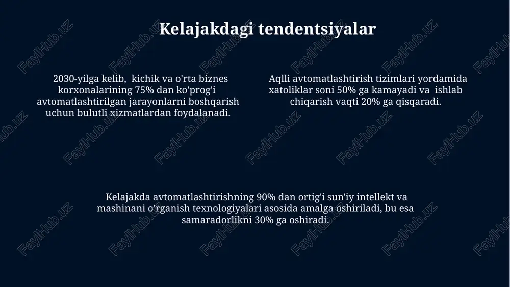 a ish unumdorligini oshiradi. muhokama va savollar "muhokama va savollar" bo'limi, loyiha muvaffaqiyatining 80% ini tashkil etadigan fikr almashinuvi va muammolarni hal qilishning muhim bosqichi hisoblanadi. muhokama va savollar sessiyasida o'rtacha 5-7 ta asosiy muammo aniqlanib, ularning har biri uchun 2-3 ta yechim taklif etiladi. avtomatlashtirish jarayonlarini optimallashtirish orqali ish unumdorligini 20% ga va xarajatlarni 15% ga kamaytirish mumkinligini ko'rsatuvchi tadqiqotlar mavjud. avtomatlashtirishning asosiy tushunchalari avtomatlashtirish tizimlari, odatda, algoritmlar va dasturiy ta’minot orqali ishlaydi, bu esa 24/7 uzluksiz ish rejimini ta’minlaydi va inson resurslarini bo'shatadi. avtomatlashtirish jarayonlarni 30% gacha tezlashtirishi va xatoliklar sonini 15% ga kamaytirishi mumkin, bu esa samaradorlikni oshirishga yordam beradi. to'liq avtomatlashtirishga erishish uchun, 5 ta asosiy bosqichdan o'tish kerak: tahlil, dizayn, amalga oshirish, sinov va joriy etish. e'tiboringiz uchun rahmat @taqdimot_robot image1.jpg