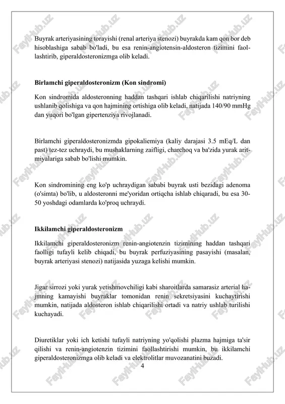 te'mol qilish aldosteronizmga o'xshash simptomlarni keltirib chiqarishi mumkin; shuning uchun dori-darmonlar tarixi va toksikologik skrining juda muhim. liddle sindromi, aldosteronizmga o'xshash belgilar bilan namoyon bo'ladi, lekin aldosteron darajasi past bo'ladi; genetik testlar tashxisni aniqlashtirishga yordam beradi. davolash usullari spironolakton yoki eplerenon kabi mineralokortikoid retseptorlari antagonistlari qon bosimini normallashtirish va kaliy darajasini tiklash uchun birinchi darajali dori hisoblanadi, doza shaxsiy ehtiyojlarga qarab sozlanadi. bilateral adrenal giperplaziya holatlarida, jarrohlik aralashuv tavsiya etilmaydi; bunday vaziyatlarda, odatda, qon bosimini nazorat qilish va gipokaliemiyani tuzatish uchun dori vositalari bilan uzoq muddatli davolash o'tkaziladi. agar aldosteron ishlab chiqaruvchi adenoma bo'lsa, adrenalektomiya, ya'ni, buyrak usti bezini jarrohlik yo'li bilan olib tashlash, qon bosimini normalizatsiya qilish va mineralokortikoid dorilariga bo'lgan ehtiyojni kamaytirish uchun samarali usuldir. dori-darmon bilan davolash spironolakton - bu kaliyni tejovchi diuretik bo'lib, aldosteron ta'sirini bloklaydi, odatda dozasi kuniga 100-400 mg, gipertoniya va gipokaliemiyani nazorat qilishda muhimdir. eplerenon - selektiv aldosteron reseptorlari blokatori, spironolaktonning yon ta'sirlarini …