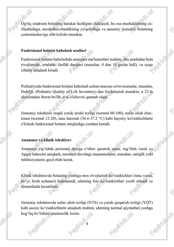 din yoki keyin ekanligini, shuningdek, ularning o'zaro ta'sirini hisobga olish muhim, masalan, ba'zi dori preparatlari oziq moddalar bilan bog'lanishi mumkin. reabilitatsiya va jismoniy terapiya reabilitatsiya erta aralashuvni o'z ichiga oladi, 0-3 yoshdagi bolalarga mo'ljallangan, jismoniy, kognitiv va kommunikativ rivojlanishni qo'llab-quvvatlash uchun. jismoniy terapiya bolaning motor funktsiyalarini yaxshilashga qaratilgan, masalan, yurish, o'tirish va muvozanat, turli xil mashqlar va davolash usullari orqali. reabilitatsiya va jismoniy terapiya nafaqat jismoniy, balki psixologik va ijtimoiy farovonlikni ham yaxshilashni maqsad qiladi, hayot sifatini oshiradi. psixologik yordam psixologik yordamda 1-bosqich - bolaning his-tuyg'ularini validatsiyalash, ularning hissiyotlarini qabul qilish va tushunish, bu ularga o'zlarini eshitilgan his qilishga yordam beradi. o'yin terapiyasi, ayniqsa 3 yoshdan 10 yoshgacha bo'lgan bolalar uchun, o'z hissiyotlarini ifodalash va qayta ishlash uchun 2-muhim vosita hisoblanadi, bu esa stressni kamaytirishga yordam beradi. 10 dan ortiq tadqiqotlar shuni ko'rsatadiki, oilaviy psixoterapiya bolaning kasalligi bilan bog'liq muammolarni hal qilishda va oilaviy munosabatlarni mustahkamlashda juda foydali, 3-bosqich sifatida. …