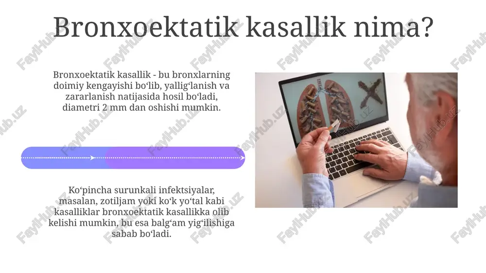 l tashxis uchun klinik, radiologik va mikrobiologik ma'lumotlarni birlashtiradi. kompyuter tomografiyasi (kt) bronxoektaz ehtimolini 90% dan ortiq aniqlik bilan tasdiqlashda va o'pka abstsessining o'lchami va joylashuvini belgilashda xulosada muhim rol o'ynaydi. savol-javob savol-javob usuli 1950-yillarda ishlab chiqilgan interfaol o'qitish texnikasi bo'lib, talabalarning tushunishini tekshirish uchun savollar berishni o'z ichiga oladi. bronxoektatik kasallik diagnostikasi va o'pka abstsessi bo'yicha savol-javobda turli xil klinik stsenariylar va tasvirlash natijalari ko'rib chiqilishi mumkin. e'tiboringiz uchun rahmat image4.png image5.jpg image6.jpg image7.jpg image8.jpg image9.jpg image10.jpg image11.jpg image12.jpg image13.jpg image14.jpg image15.jpg image16.jpg image17.jpg image18.jpg image19.jpg image20.jpg image21.jpg image1.jpeg image2.jpeg image3.jpeg