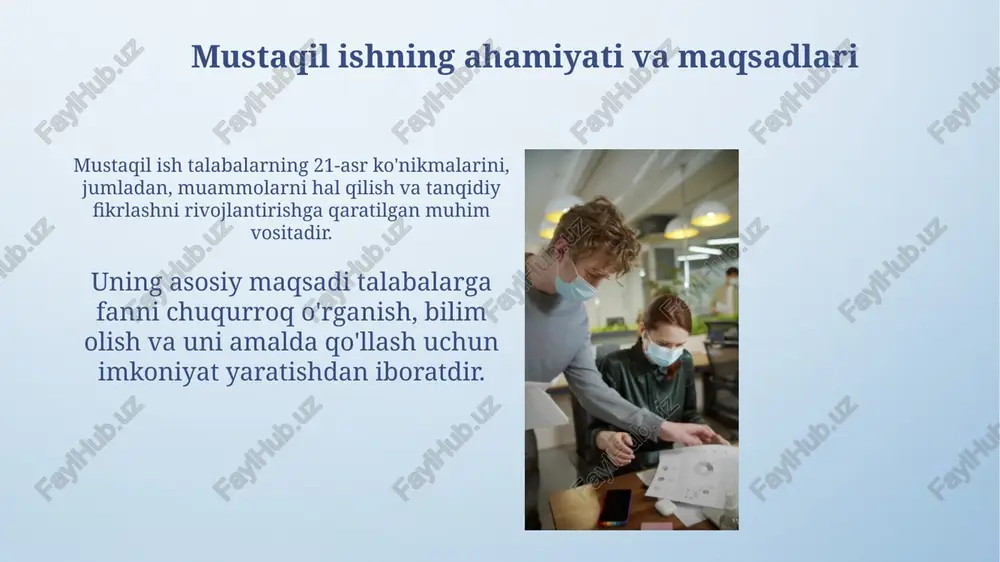 lanishi mumkin. talabalarning mustaqil ishini tashkil etishda o'qituvchining roli o'qituvchi mustaqil ish uchun aniq, o'lchanadigan, erishish mumkin bo'lgan, dolzarb va vaqt bilan chegaralangan (smart) maqsadlar belgilaydi, bu orqali talabalarning o'z-o'zini boshqarish qobiliyatini oshiradi. o'qituvchi talabalarga 2-3 xil mustaqil ish topshiriqlarini taklif qilib, ularning qiziqishlari va qobiliyatlariga mos tanlash imkoniyatini beradi, bu ularning motivatsiyasini oshiradi. xulosa xulosa talabalarning mustaqil ishlarini tashkil etish va nazorat qilishda erishilgan natijalarni 360 daraja baholashni o'z ichiga olishi kerak. xulosa keyingi o'quv yili uchun mustaqil ish metodikasini yaxshilash bo'yicha aniq takliflar va 10 dan ortiq amaliy tavsiyalarni taqdim etishi zarur. e'tiboringiz uchun rahmat image4.png image6.jpg image7.jpg image8.jpg image9.jpg image10.jpg image11.jpg image12.jpg image13.jpg image14.jpg image15.jpg image16.jpg image17.jpg image18.jpg image19.jpg image20.jpg image21.jpg image22.jpg image3.jpeg