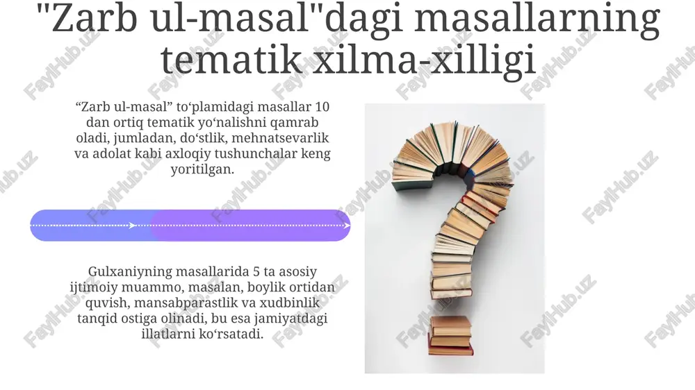 'zbek adabiyotida 19-asrning oxiri va 20-asrning boshlarida og'zaki ijod namunalarini to'plash va nashr etishda muhim ahamiyatga ega bo'ldi, bu esa milliy o'zlikni saqlashga yordam berdi. gulxaniyning "zarb ul-masal" asari 60 dan ortiq hajviy va tanqidiy yo'nalishdagi masallarni o'z ichiga olgan bo'lib, o'zbek adabiyotida didaktik va axloqiy mavzularni yoritishda beqiyos rol o'ynaydi. e'tiboringiz uchun rahmat image5.jpg image6.jpg image7.jpg image8.jpg image9.jpg image10.jpg image11.jpg image12.jpg image13.jpg image14.jpg image15.jpg image16.jpg image17.jpg image18.jpg image19.jpg image20.jpg image21.jpg image1.jpeg image2.jpeg image3.jpeg