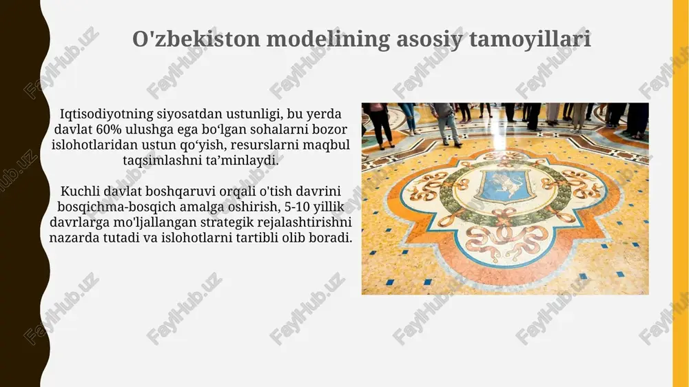 gan investitsiyadir. sog‘liqni saqlash sohasida 50 dan ortiq yangi tibbiyot muassasalari tashkil etildi, aholining sog‘ligini mustahkamlash va tibbiy xizmat sifatini oshirishga investitsiyalar kiritildi. mahalliy xususiyatlarni hisobga olish «mahalliy xususiyatlarni hisobga olish» degani, har bir hududning demografik o‘ziga xosliklarini, masalan, aholining zichligi va yosh tarkibini, iqtisodiy dasturlarni ishlab chiqishda hisobga olish lozim. qishloq xo‘jaligi sohasida «mahalliy xususiyatlarni hisobga olish» suv resurslaridan oqilona foydalanishni va tuproq unumdorligini oshirishni nazarda tutadi, bunda har bir viloyatning 13 ta tuproq-iqlim sharoitlari inobatga olinadi. demokratik institutlarning rivojlanishi o'zbekistonda 200 dan ortiq nodavlat notijorat tashkilotlari faoliyat yuritib, fuqarolik jamiyatini rivojlantirishda muhim rol o'ynaydi, bu esa demokratik institutlarni mustahkamlaydi. oliy majlis qonunchilik palatasi 150 deputatdan iborat bo'lib, siyosiy partiyalarning ko'p partiyaviylik asosida ishtirok etishi demokratik jarayonlarni ta'minlaydi. o'zbekiston modelining natijalari va istiqbollari ushbu modelda "davlat - bosh islohotchi" tamoyili asosida davlatning iqtisodiyotni tartibga solishdagi roli saqlanib qoladi, 1990-yillarda iqtisodiy barqarorlikka erishish uchun muhim edi. o'zbekiston modelida qishloq xo'jaligi, …