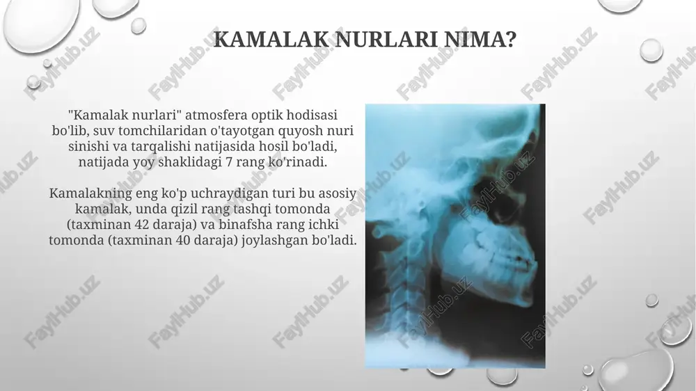nishi va tarqalishi natijasida 42 graduslik burchak ostida paydo bo'lishi mumkin. xulosa xulosa shuni ko'rsatadiki, spektral tahlil 400 dan 700 nm gacha bo'lgan ko'rinadigan yorug'lik diapazonida turli xil to'lqin uzunliklarining tarqalishini aniqlaydi. 1870-yillarda lord reyli tomonidan yaratilgan reyli sochilish effekti 500 nm dan kam to'lqin uzunliklarining tarqalishini tushuntirib, ko'k osmonni izohlaydi. e'tiboringiz uchun rahmat image2.png image5.jpg image6.jpg image7.jpg image8.jpg image9.jpg image10.jpg image11.jpg image12.jpg image13.jpg image14.jpg image15.jpg image16.jpg image17.jpg image18.jpg image19.jpg image20.jpg image21.jpg image3.png